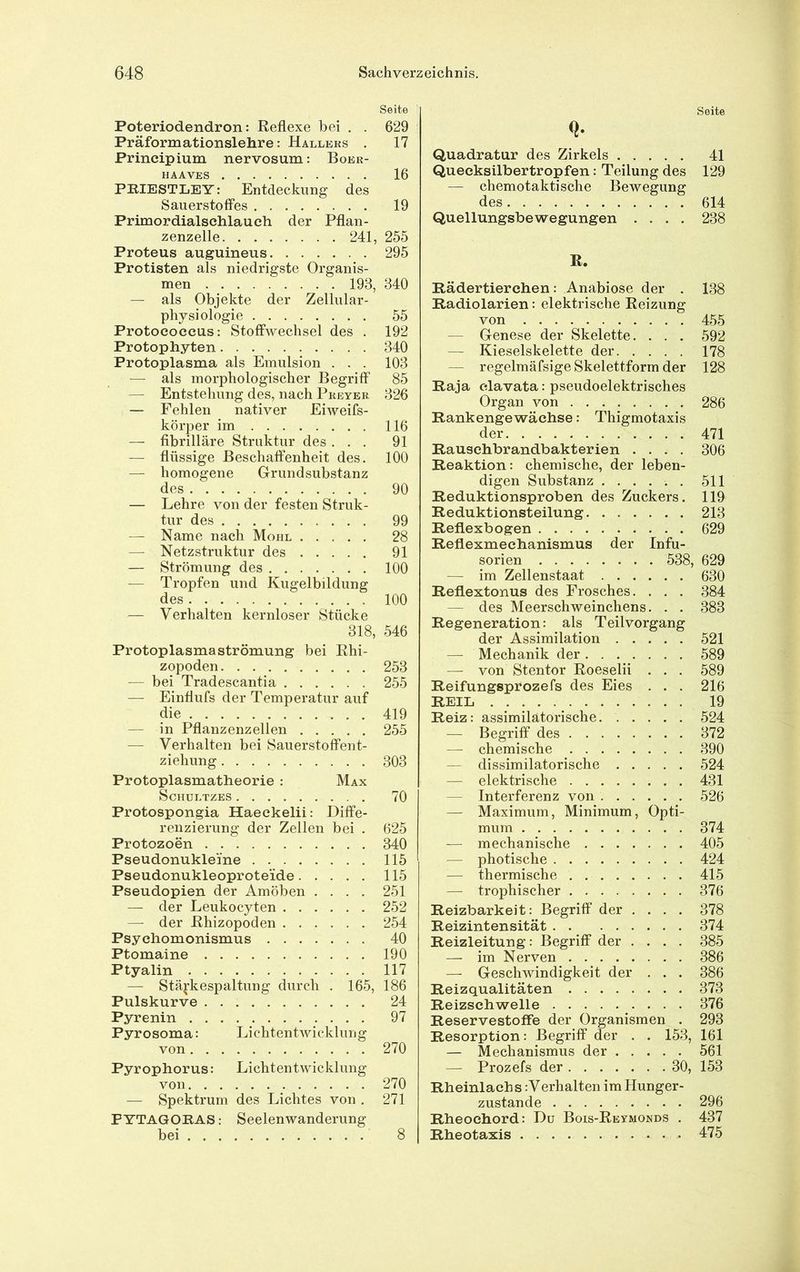Seite Poteriodendron: Reflexe bei , . 629 Präformationslehre: Hallers . 17 Principium nervosum: Boer- HAAVES 16 PBIESTLEY: Entdeckung des Sauerstoffes 19 Primordialsehlauch der Pflan- zenzelle 241, 255 Proteus auguineus 295 Protisten als niedrigste Organis- men 193, 340 — als Objekte der Zellular- physiologie 55 Protococcus: Stoffwechsel des . 192 Protophyten 340 Protoplasma als Emulsion . . . 103 — als morphologischer Begriff 85 — Entstehung des, nach Preyeb. 326 — Fehlen nativer Eiweifs- körper im 116 — fibrilläre Struktur des ... 91 — flüssige Beschaffenheit des. 100 — homogene Grundsubstanz des 90 — Lehre von der festen Struk- tur des 99 — Name nach Mohl 28 — Netzstruktur des 91 — Strömung des 100 — Tropfen und Kugelbildung des 100 — Verhalten kernloser Stücke 318, 546 Protoplasma Strömung bei Ehi- zopoden 253 — bei Tradescantia 255 — Einflufs der Temperatur auf die 419 — in Pflanzenzellen 255 — Verhalten bei Sauerstoffent- ziehung 303 Protoplasmatheorie : Max SCHÜLTZES 70 Protospongia Haeekelii: Diffe- renzierung der Zellen bei , 625 Protozoen 340 Pseudonukleme 115 Pseudonukleoproteide 115 Pseudopien der Amöben .... 251 — der Leukocyten 252 — der Rhizopoden 254 Psychomonismus 40 Ptomaine 190 Ptyalin 117 — Stäfkespaltung durch . 165, 186 Pulskurve 24 Pyrenin 97 Pyrosoma: Lichtentwicklung von 270 Pyrophorus: Lichtentwicklung von 270 — Spektrum des Lichtes von . 271 PYTAGORAS; Seelenwanderung bei 8 Seite Quadratur des Zirkels 41 Quecksilbertropfen: Teilung des 129 — chemotaktische Bewegung des 614 Quellungsbewegungen .... 238 R. Rädertierchen: Anabiose der . 138 Radiolarien: elektrische Reizung von 455 — Genese der Skelette. . . . 592 — Kieselskelette der 178 — regelmäfsige Skelettform der 128 Raja clavata: pseudoelektrisches Organ von 286 Rankengewächse: Thigmotaxis der 471 Rauschbrandbakterien .... 306 Reaktion: chemische, der leben- digen Substanz 511 Reduktionsproben des Zuckers. 119 Reduktionsteilung 213 Reflexbogen 629 Reflexmeehanismus der Infu- sorien 538, 629 — im Zellenstaat 630 Reflextonus des Frosches. . . . 384 — des Meerschweinchens. . . 383 Regeneration: als Teilvorgang der Assimilation 521 — Mechanik der 589 — von Stentor Roeselii . . . 589 Reifungsprozefs des Eies . . . 216 REIL 19 Reiz: assimilatorische 524 — Begriff des 372 — chemische 390 — dissimilatorische 524 — elektrische 431 — Interferenz von 526 — Maximum, Minimum, Opti- mum 374 — mechanische 405 — photische 424 — thermische 415 — trophischer 376 Reizbarkeit: Begriff der .... 378 Reizintensität 374 Reizleitung: Begriff der .... 385 — im Nerven 386 — GeschAvindigkeit der . . . 386 Reizqualitäten 373 Reizschwelle 376 Reservestoffe der Organismen . 293 Resorption: Begriff der . . 153, 161 — Mechanismus der 561 — Prozefs der 30, 153 Rheinlach s:Verhalten im Hunger- zustande 296 Rheochord: Du Bois-Reymonds . 437 Rheotaxis 475