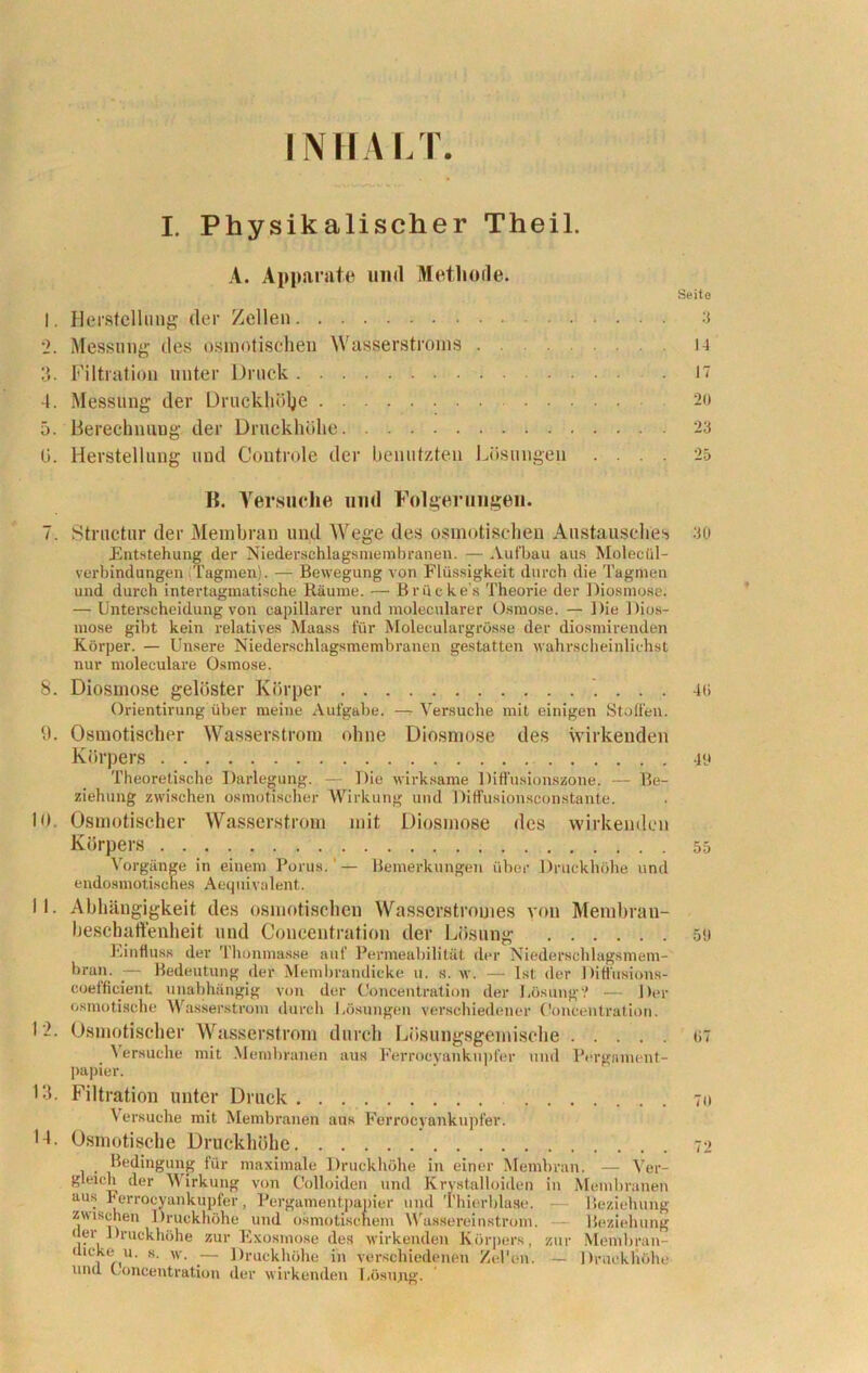 INHALT. I. Physikalischer Theil. A. Apparate und Methode. I. Herstellung der Zellen :2. Messung des osmotischen Wasserstroms 3. Filtration unter Druck 4. Messung der Druckhölje 5. Berechnung der Druckhöhe ü. Herstellung und Controle der benutzten Lösungen . . . . B. Versuche und Folgerungen. 7. Structur der Membran und Wege des osmotischen Austausches Entstehung der Niederschlagsmembranen. — Aufbau aus Molecül- verbindungen Tagmen). — Bewegung von Flüssigkeit durch die Tagmen und durch intertagmatische Räume. — Brücke’s Theorie der Diosmose. — Unterscheidung von capillarer und moleeularer Osmose. — Die Dios- mose gibt kein relatives Maass für Moleculargrösse der diosmirenden Körper. — Unsere Niederschlagsmembranen gestatten wahrscheinliehst nur moleeulare Osmose. 8. Diosmose gelöster Körper . . . Orientirung über meine Aufgabe. — Versuche mit einigen Stoffen. 9. Osmotischer Wasserstrom ohne Diosmose des wirkenden Körpers Theoretische Darlegung. — Die wirksame Diffusionszone. — Be- ziehung zwischen osmotischer Wirkung und Diffusionsconstante. Dt. Osmotischer Wasserstrom mit Diosmose des wirkenden Körpers Vorgänge in einem Porus. — Bemerkungen über Druckhöhe und endosmotisches Aequivalent. II. Abhängigkeit des osmotischen Wasserstromes you Membran- beschaffenheit und Concentration der Lösung Einfluss der Thonmasse auf Permeabilität der Niederschlagsmem- bran. — Bedeutung der Membrandicke u. s. w. — Ist der Diffusions- coefficient unabhängig von der Concentration der Lösung? — Der osmotische Wasserstrom durch Lösungen verschiedener Concentration. L2. Osmotischer Wasserstrom durch Lösungsgemische Versuche mit Membranen aus Ferrocyankupfer und Pergnment- papier. 13. Filtration unter Druck Versuche mit Membranen aus Ferrocyankupfer. • 4. Osmotische Druckhöhe Bedingung für maximale Druckhöhe in einer Membran. — Ver- gleich der M irkung von Colloiden und Krystalloiden in Membranen aus Ferrocyankupfer, Pergamentpapier und Thierblase. Beziehung zwischen Druckhöhe und osmotischem Wassereinstrom. Beziehung der Druckhöhe zur Exosmose des wirkenden Körpers, zur Membran- dicke u. s. w. ■— Druckhöhe in verschiedenen Zel'en. — Druckliöhe und Concentration der wirkenden Lösung- Seite 3 14 17 20 23 25 30 40 •19 55 59 07 70 72