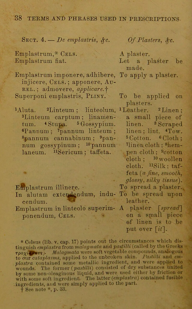 Sect. 4. — De emplasiris, ^c. Of Plasters, ^c. Emplastrum,* Cels. A plaster. Emplastrum fiat. Let a plaster be made. Emplastrum imponere, adhibere, To apply a plaster, injicere, Cels. ; apponere, Au- KEL.; adniovere, applicare.-f Superponi emplastris, Pliny. To be applied on plasters. ^Aluta. ^Linteum; linteolum. ^Leather. ^Linen; ®Linteum carptum; linamen- a small piece of turn. ^ Stupa. ^(jossypium. linen. * Scraped ®Pannum ; ’pannum linteum ; linen ; lint. <Tow. ®,pannum cannabinum; ^pan- sQotton. ®Clotli; num gossypinum ; i® pannum Uinen cloth; sfiem- laneum. nSericum; talfeta. pen cloth; ^cotton cloth; JO woollen cloth. ^iSilk; taf-  feta, {a fne, smooth, '■j glossy, silky tissue). ^ Emplastrum illinere. • To spread a plaster.^ In alutam exte^^ndum, indu- To be spread upon 1 cendum. leather. « Emplastrum in linteolo superim- A plaster [sjorrard] J ponendum, Cels. • on a spiall piece of linen is to be put over [it]. * Celsus (lib. v. cap. 17) points out the circiimstance.s wliich dis- ** tinguish e.mplastra from inalaginata and pasiilli (cjilled by tbe Greeks > TpoxtUhvsj. Malagmata were soft vegetable conipomids, analogous to our cutaplannis, applied to the unbroken skin. J'aatilU ;ind cin- plastra contained some metallic ingredient, and were applied to wounds. Tlie former con.sisted of dry substances united by some non-nleaginous liquid, and were used either by friction or with some soft ingredient. Tlie latter (emplastra) contained fusible , ingredients, and were simply applied to the part, f See note *, p. 33. ■