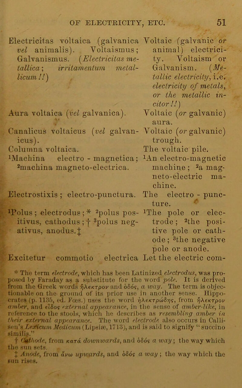 Electricitas voltaica (galvanica vel auimalis). Voltaismus; Galvanismus. [Electricitas me- tallica; irritamentim melal- licum !!) Aura voltaica {yel galvanica). Canalicus voltaicus [vel galvan- icus). Coluinna voltaica. iMachina electro - magnetica; ^machina magneto-electrica. Electrostixis ; electro-punctura. *Polus ; electrodus ; * ^polus pos- itivus, cathodus ; f ^polus neg- ativus, anodus.| Excitetur commotio electrica Voltaic (galvanic or animal) electrici- ty. Voltaism or Galvanism. {Me- tallic electricity, i.e. electricity of metals, or the metallic in- citor !!) Voltaic {or galvanic) aura. Voltaic (or galvanic) trough. The voltaic pile. ^An electro-magnetic machine; mag- neto-electric ma- chine. The electro - punc- ture. ^ iThe pole or elec- trode ; 2the posi- tive pole or cath- ode ; 3the negative pole or anode. Let the electric com- * Ttie term electrode, which has been Latinized electrodus, was pro- posed Iiy Faraday iw a substitute for the word pole. It is derived from the Greek words ^Aefcrpov and 666s, a way. Tlie term is objec- tionable on tlie ground of its prior use in another sense. Hippo- crates (p. 113.0, ed. Foes.) uses the word ))AeKTpw67)s, from ^Ae/crpoi/ umher, and eI6os external appearance, in tlie sense of amber-like, in reference to tlie stool.s, whicli lie describes as resembling amber in their external appearance. Tlie word electrode also occurs in Calli- sen’s LeiKcumMedicum(h\\ms)i, 1713),and is said to signify “siiceino sirailiji.” f fSiUhode, from Kara downxoards, and 686s a way; tlie way wliich tlio sun sets. X Anode, from avxa upwards, and 666s a way ; the way wliich the Bun rises.