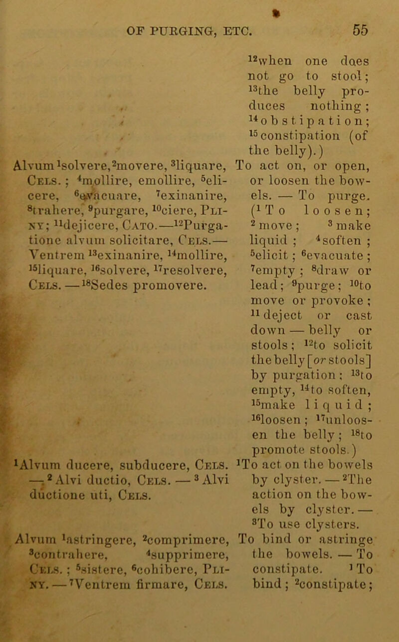 Alvum isolvere,2movere, ^liqufire, Cels. ; *m^ollire, emollire, ^eli- cere, ®^acuare, '^exiiianire, ®trahere, *purgave, *®ciere, Pli- ny; iidejicere, Cato.— tionc alvum solicitare, Cels.— Ventrem ^^exiuanire, i*mollire, ^Miquare, ^®solvere, ^^resolvere, Cels.—i®Sedes promovere. ^Alvum ducere, subducere, Cels. —5®Alvi ductio, Cels. — ®Alvi ductioue uti, Cels. Alvum lastringere, ^comprimere, *contraliere, '‘supprimere, Cels. ; *sistere, ®cohibere, Pli- ny.— ■'Ventrem firmare, Cels. i^wben one does not go to stool; i®the belly pro- duces nothing ; 0 b s t i p a t i 0 n ; 15 constipation (of the belly).) To act on, or open, or loosen the bow- els. — To purge. (iTo loosen; 2 move; ®make liquid ; ^soften ; ^elicit; ^evacuate; ■'empty ; ®draw or lead; ®purge; '®to move or provoke ; 11 deject or cast down — belly or stools; i^to solicit the belly [or stools] by purgation ; i®to empty, ^to soften, i5make liquid; i®loosen ; '■'unloos- en the belly; i®to promote stools.) 'To act on the bowels by clyster.— action on the bow- els by clyster. — ®To use clysters. To bind or astringe the bowels.—To constipate. ' To bind; ^constipate;