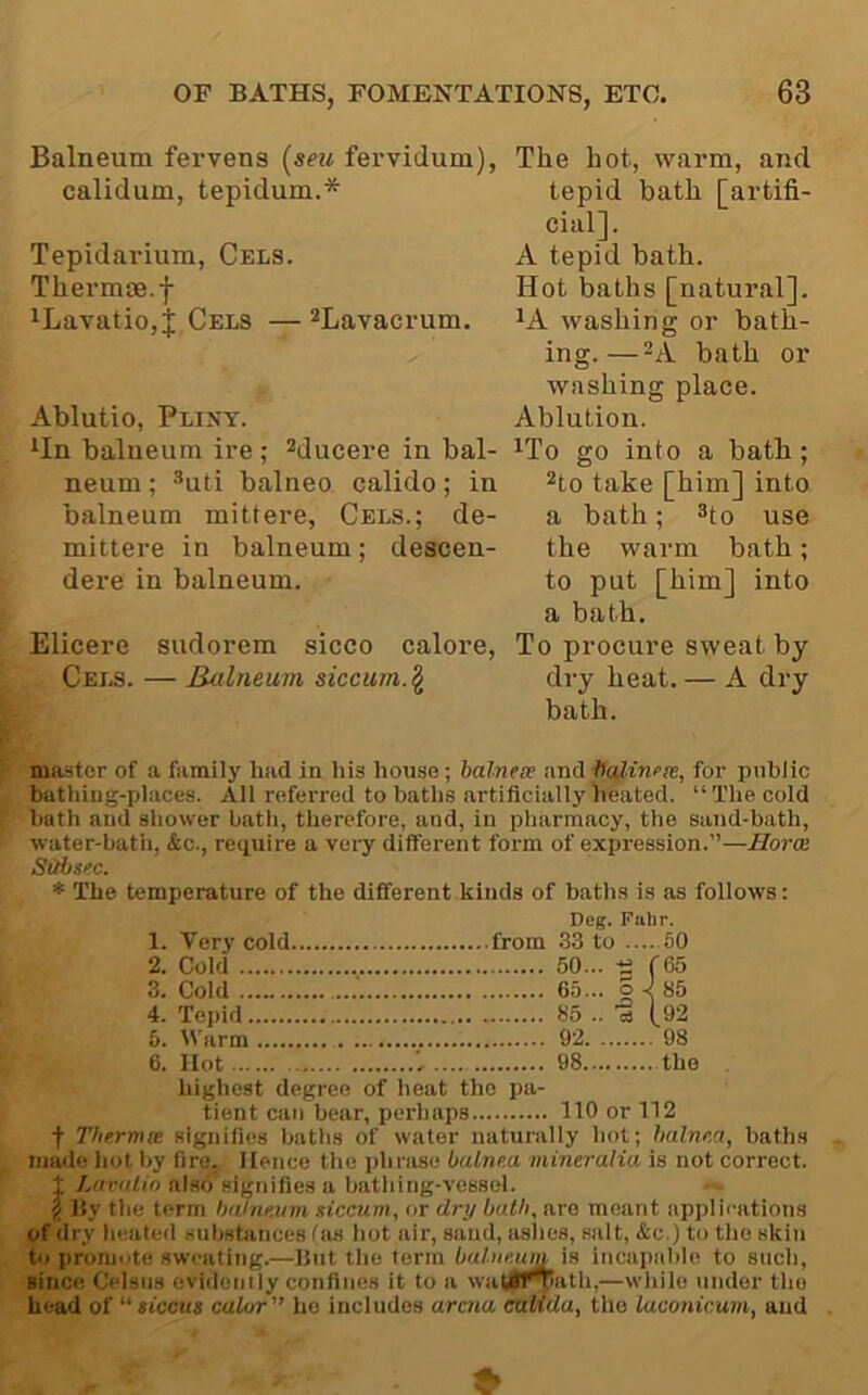 Balneum fervens {seti fervidum), calidum, tepidum.* Tepidarium, Cels. Thermae, f iLavatiojJ Cels —^Layacrum. Ablutio, Pliny. ^In balneum ire ; Mucere in bal- neum ; -^uti balneo. calido; in balneum mittere, Cels.; de- mittere in balneum; descen- dere in balneum. Elicere sudorem sicco calore, Cels. — Balneum siccum.^ The hot, warm, and tepid bath fartifi- cial]. A tepid bath. Hot baths [natural]. ^A washing or bath- ing.— bath or washing place. Ablution. ^To go into a bath ; ^to take [him] into a bath; ^to use the warm bath; to put [him] into a bath. To procure sweat by dry heat. — A dry bath. master of a family had in his house; balneee and balineie, for public bathing-places. All referred to baths artificiallyhbated. “The cold bath and shower bath, therefore, and, in pharmacy, the sand-bath, water-bath, &c., require a very different form of expression.”—Horae SUbsec. * The temperature of the different kinds of baths is as follows: Deg. Falir. 1. Very cold from 33 to 50 2. Cold 50... -S [65 3. Cold .' 65... o V 85 4. Tepid 85 .. ■§ (.92 6. Warm 92 98 6. Hot i. 98 the . highest degree of heat the pa- tient can bear, perhaps 110 or 112 ■f Thermte signifies baths of water natunilly hot; balnea, baths made hot by fire. Hence the phrase balnea mineralia is not correct, t Liivalio also*signifies a bathing-vessel. f By the term hatnewn siccum, or dry bath, are meant applications of dry heated substances (as hot air, sand, aslies, salt, &c.) to the skin to promote sweating.—But the term balneum incapable to such, since Celsiis evidently confines it to a wat^rtatb,—while under the head of “siccus calor ho includes arena calida, the laconic.uni, and