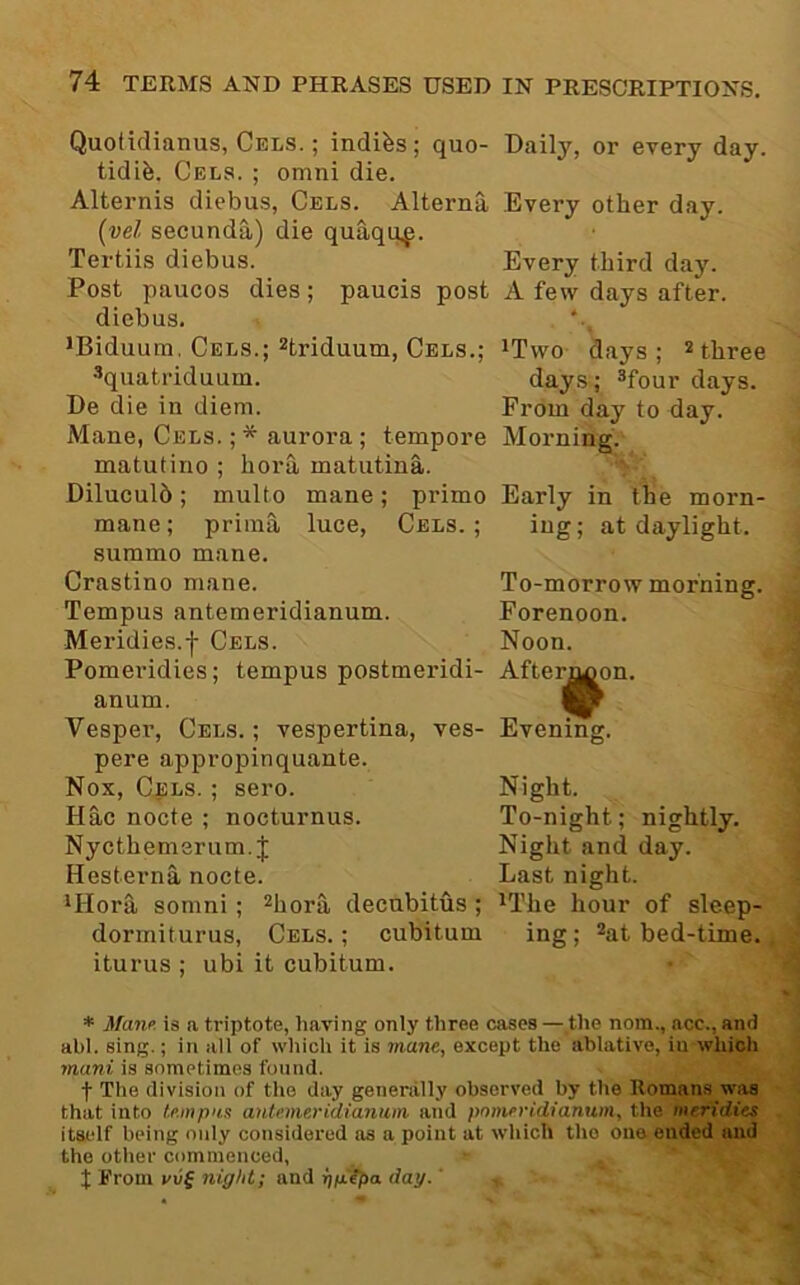 Quotxflianus, Cels. ; indibs; quo- tidife. Cels. ; omni die. Alternis diebus, Cels. Alterna [vel secunda) die quaqu.^. Tertiis diebus. Post paucos dies; paucis post diebus. •Biduum. Cels.; ^triduum, Cels.; *quatriduum. De die in diem. Mane, Cels. ; * aurora ; tempore matutino ; bora matutina. Diluculb ; multo mane; prime mane; prima luce, Cels. ; summo mane. Crastino mane. Tempus antemeridianum. Meridies.f Cels. Pomeridies; tempus postmeridi- anum. Vesper, Cels. ; vespertina, ves- pere appropinquante. Nox, Cels. ; sero. Hac nocte ; nocturnus. Nycthemerum. J Hestei’na nocte. 'Hora somni ; ^hora decubitus ; dormiturus, Cels. ; cubitum iturus ; ubi it cubitum. Daily, or every day. Every other day. Every third day. A few days after. ^Two days ; ^ three days; ®four days. From day to day. Morning. Early in the morn- ing; at daylight. To-morrow morning. Forenoon. Noon. Aftei^^on. Evening. Night. To-night; nightly. Night and day. Last night. ^The hour of sleep- ing ; %t bed-time. ■\ * Maw. is a triptote, having only three cases — the nom., acc., and ahl. sing.; in all of which it is mane, except the abiative, in which mani is sometimes found. f The division of the day generally observed by the Romans w.as that into tempus antenieridianam, and pnmeyidianum, the meridies itself being only considered as a point at which the one ended and the other commenced, f Prom vvS night; and ppitpa dag.'