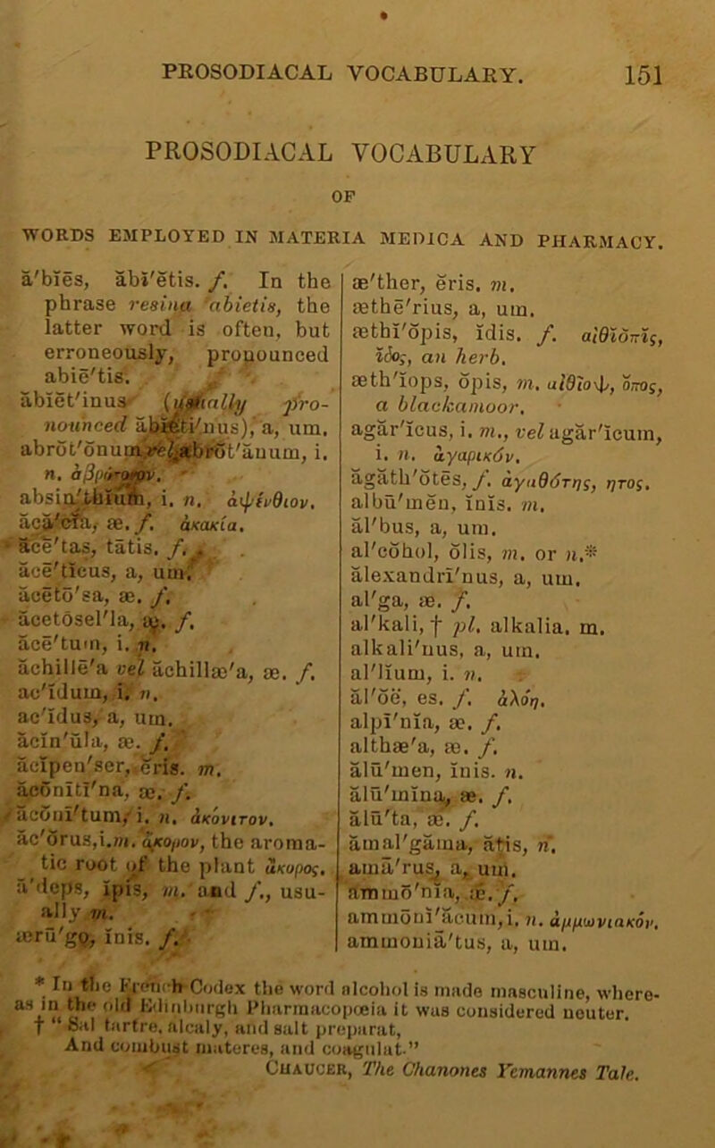 PROSODIACAL VOCABULARY OP WORDS EMPLOYED IN MATERIA MEDICA AND a'bies, abi'etis. /. In the phrase resina 'abietis, the latter word is often, but erroneouslj, propounced abie'tis; ,/ . abiet'inus^ (Ufftnlly pro- nounced ab«ti''.nus),’a, um. abrot'onuta^^^pSt'auum, i. n. ' absin/Ihiutn, i. n, a^hOiov, ac^<^, ae. f, oKoxia, » ace'tas, tatis. /, . ace'ticus, a, umf aceto'sa, ae. /, • acetosel'la, iy, /, ace'tum, i. n, achille'a vel achillas'a, se. /. ac'idum, i, Yi. ac'Idus, a, um. acin'ula, ae. j\ aelpen'ser,,eris. m. aconitl'na, ae. f, /acoiii'tunvi. H. ixovirov, ac'orus,i.j«. S^opov, the aroma- tic root ot the plant uKupo^, a'lleps, ipis, m. and y’., usu- .ally m. » - mru'g9, Inis. /. ■ PHARMACY. ae'ther, eris, m. aethe'rius, a, um. aethi'opis, idis. /. aieidiri!, iSo;, an herb. aeth'iops, op is, m. u18io\Ij, o.tos, a blackamoor, agar'ieus, i. m,, vel agar'icum, i. ». ayapiKdv, agath'otes, y. ayndSrq^, Tiros. albu'men, inis, m, al'bus, a, um. al'cQhol, olis, m, or ».* alexandri'nus, a, um. al'ga, m. /. al'kali, f jA, alkalia, m. alkali'uus, a, um. al'lium, i. n, al'oe, es. f. hXdrj, alpi'nia, ae. /. althae 'a, ae. /. alu'men, inis. n. alu'mini^ as. /. alu'ta, m. /. am al'gama, atfs, n. ama'ru^ a,^um. rtmmS'nia, ic.y, ammoni'SiCum,i. n, appoiviciKov, ammouia'tus, a, um. * In the Fr(*i-h-Co(lex the word nicohol is made masculine, wljere- . '''' •=''‘''‘hnrgh Pharmacopoeia it was considered neuter, t Sal tarfre, alcaly, and salt prei)arat. And combust niateres, and coagnlut-” •' CiiAUCER, The Chanones I’emannes Tale.