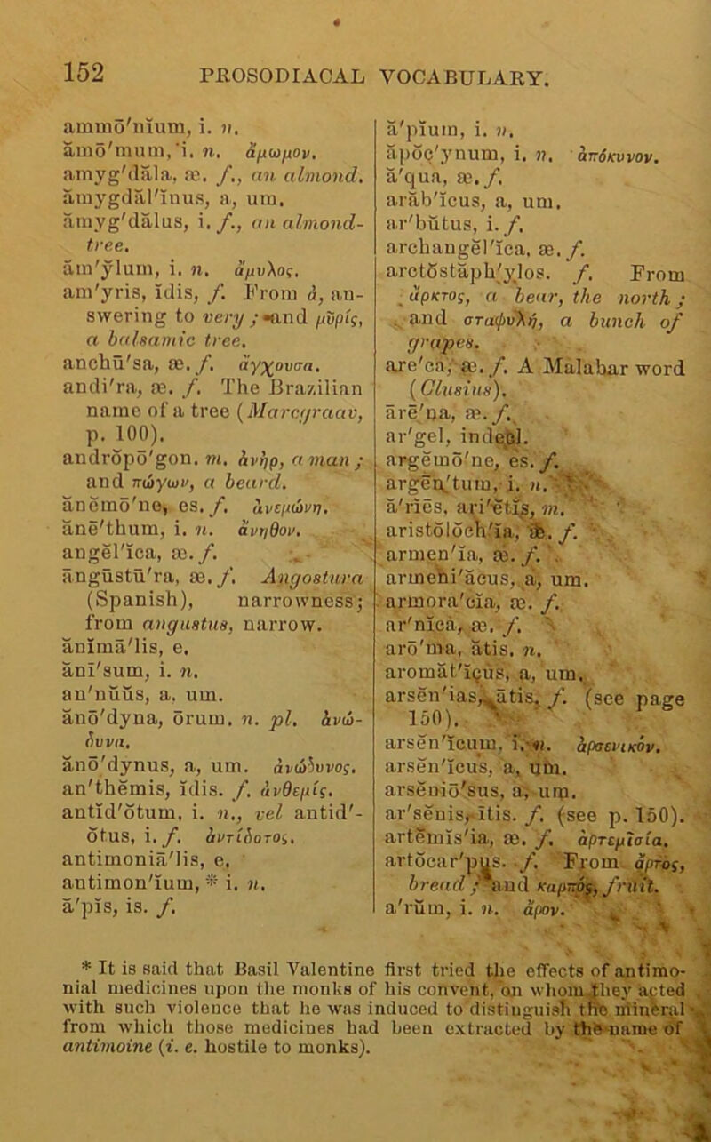 amuio'nium, i. ii, amo'mum.'i. n, a/xw/iov, amygMala, a;. /., an almond, amygdal'Inus, a, um. amyg'dalus, an almond- tree, ain'ylum, i. n, a/iv'Xo';, am'yris, idis, /. From d, an- swering to very ;^and fwpk, a balsamic tree, ancbu^sa, oe. ^f, dyj^ovca, andi'ra, as. /. The Brazilian name of a tree (Marc//raav, p. 100). andropo'gon. m, dvljp, aman; and Tuiyuiv, a beard, anemo'no, es./. uvtimvri, ane'thum, i. n. dvtidor, angel'ica, ae./. iingustu'ra, ae./. Anyostiira (Spanish), narrowness; from angastus, narrow, anima'lis, e. ani'sum, i. n, au'nuiis, a. um. ano'dyna, orum. n. pi, ivu>- dvva, ano'dynus, a, um. dvii^wo;, an'themis, idis. /. dvOspls, antid'otum, i. n,, vel antid'- otus, i./. avTidoTOi, antimonia'Iis, e. ' antimon'ium, i. n, a'pis, is. /. a'pium, i. II, apoQ'ynum, i. n, cardswov. a'qua, ae./. arab'icus, a, um. ar'butus, i. /. archangel'ica. ae./. arct6staph(3dos. /. From ^dpKTOg, a bear, the north; and aTuij)v},ij, a bunch of grapes, fire'capm./. A Malabar word (Olusiits), are/na, a?./., ar'gel, indetj]. argemo'ne, es./. argeuftiim, i. a'ries, ari'’eti^, m, ' '' aristoloch.'ia, /. '• armen la, ae./. . arme\ii'acus, a, um. . armora'eia, ae. /. ar'nlca,,m. /. ^ aro'ma, atis. n, aromat'iQus, q, um. arsen'iasAatiSj /. (see page 150). arsen'icum, i'.’«. hpasriKOv, arsen'icus, a, ntn. arsenio'sus, a^-um. ar'senis/-itis. /. (see p. 160). artemIsTa, m. /. dpTtptala, artoear'pus../. From, gprog, bread /^nnd KapiTp^ frutt. a'riim, i. n, dpov. ' ' * It is said that Basil Valentine first tried tlie effects of antimo- nial medicines upon the monks of his convent, on whomjhey h^:ted with such violence that he was induced to distiuguish tTO niinCriil from which those medicines had been e.xtracted by thfemame of antimoine {i, e. hostile to monks). -