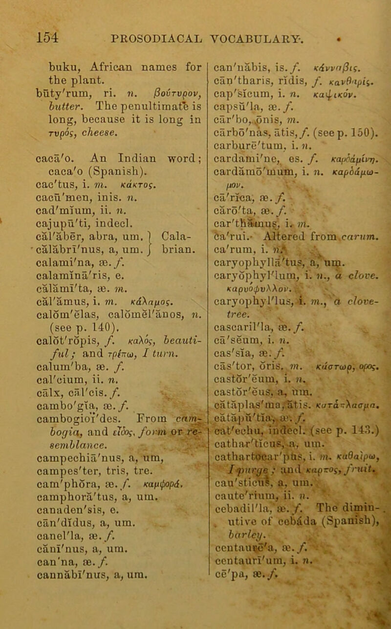 buku, African names for the plant. buty'rum, ri. 71. Povrvpov^ butter. The penultimate is long, because it is long in rupos, cheese. caca'o. An Indian word; caca'o (Spanish), cac'tus, i. 7u. KUKTos. cacu'men, inis. 71. cad'mium, ii. n. cajupu'ti, indecl. cal'aber, abra, um. 1 Cala- calabri'nus, a, um. J brian. cal ami'n a, m./. calamina'ris, e. ealami'ta, m. m. cal'amus, i. m. sdXnfios. calom'elas, calomel'anos, 71. (see p. 140). calot'ropis, f. saXo^, beauti- ful; and TpiTTbi, I turn. calum'ba, se. f. cal'cium, ii. 71. calx, ciil'cis./. cambo'gia, m./. cambogioi'des. From cam^ bogia, and tlio;. for//i or re- semblance. campechia'nus, a, um, campes'ter, tris, tre. carn'pliora, m./. Kapnpopd. camphora'tus, a, um. canaden'sis, e. can'didus, a, um. canel'la, m./. cani'nus, a, um. can'na, ce./. cannabi'nus, a, um. can'nabis, is./, siwa^ii. can'tharis, ridis, /. KavOapii. cap'sicum, i. n. xai^ticoV. capsu'la, se.f. car'bo,.,^nis, 711. carbo'nas, atis,/. (seep. 150). carbure'tum, i. 71. cardami'ne, es. /. Kaitodpito}. ■ cardamo'mum, i. ji. Kapbdpu- pov. ca'rica, ne./. caro'ta, as./. oar'tbswnugj i. 771. fta'rui.' Altered from.canm. ca'rum, i. «A , caryophylljiHus, a, npj. caryophyl'lum, i. «., a clove. sapvoipvXXov.. caryophyl'lus, 1. m., a clove- tree. casearil'la, se.f. ca'seum, i. 71. eas'sia, as:/. cas'tor, oris. m. Kdanap, opog, castor'eum, i. 11, castor'eus, a, inn. cataplas'ma, atis. Kurar^Xaepn, patapu'tia-,s^a!'. /. cat'eehu, ihdbcl. (see p. 14.'!.) cathar'ticuSj.a, um. cathartocar'pUs, i. 777. /cadalpoi, If7/i 7’ge ; an d Kop vog, //-ni cau'stictil, a, um.. caute'rium, ii. n. ' cebadil'la,'aj./. The dimin- , utive of cobdda (Spanish), barley. centauiHJ'a, a;./, centauri'ura, i. 71. ce'pa, as./.