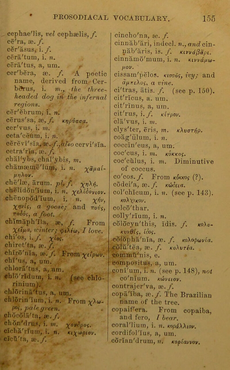 , cephae'Iis, vel cephaelis, /. ce'ra, ae. /. cer'asus, f. cera'tum, i. n. cera'tus. a, um. »• cer'bera, as. /. A poetic name, derived from- Cer- berus, i. m., the three- headed dog irt the infernal regions. cer'ebrum, i. n; cerus^sa, <R,f. Ktjpvacfi, cer'vus, i. ni. ^ ceta'ceum, i. n. cererl'gli^w.f.jlilso cervi'sia. cetra'ria, ae.y. chal'ybs, ehal'ybis, m. chameeme'lujgQ, i. n. ySuai- unhov. ' , ^ che'Iae, arum. pl.f. chelldon'ium, i. n. x‘^^'-^°viov. chenopod'Ium, i. n. xnv, Xnris, a goose; and ttouj, r-oiof, a foot. chimaph'ila, ®, f. From winter; <;ahib>, I love. chi'os. If xioi. chiret'ta, se.f. chiri) nia, m. J. From x^lp<^r. chi'us, a, um. chlora'tus, a, um. ehlo'rldum, L ». tsee clilo- riniumy ^ chlorina'tus, a, um. chlprin'Ium, i. n. From x^^^~ pof, pale green. chocol.Vta, se./. chSn'dru.c,-i. M. ;^ov(ipo{. cicha'rTutn, i. n, stx^ptov. cicu'ta, w.f. cincho'na, fe. f. cinnab'ari, indecl. n., and cin- nab'aris, is. /. KiwdffSpi. cinnamo'mum, i. n. Kivvatna- /tOV. cissam'pelos. Kiaaiis, ivy; and apztXos, a vine. ci'tras, atis. /. (see p. 150). cit'rlcus, a. um. cit'rinus, a, um. cit'rus, i.f. Kif/iov. cla'vus, i. 7)1. clys'ter, eris, m. KXvarhp. coag'iilum, i. n. coccin'eus, a, um. coc'cus, i. ni. KOKKog. coc'culus, i. m. Diminutive of coccus. co'cos. f. From kokko; (?). codei'a, se.f. Kihdsia. col'chicum, i. n. (see p. 143). KoXxiKOV. colco'thar. colly'rium, i. n. colocyn'this, idis. /. koXo- KwQti, (&)S. ■colopha'nia, se. f. KoXtyptavia. jpolu'tea, se. f. KoXvria. commQ'nis, e. compositus, a, um. poni'um, i. n. (see p. 148), not co'nium. Kiivuov. contrajer'va, se.f. copa'Iba, se.f. The Brazilian name of the tree, copaif'era. From copaiba, and fero, I hear. coral'Iium, i. n. KopdWiov. cordifol'Ius, a, um. corlan'drum, 7(. soptawov.
