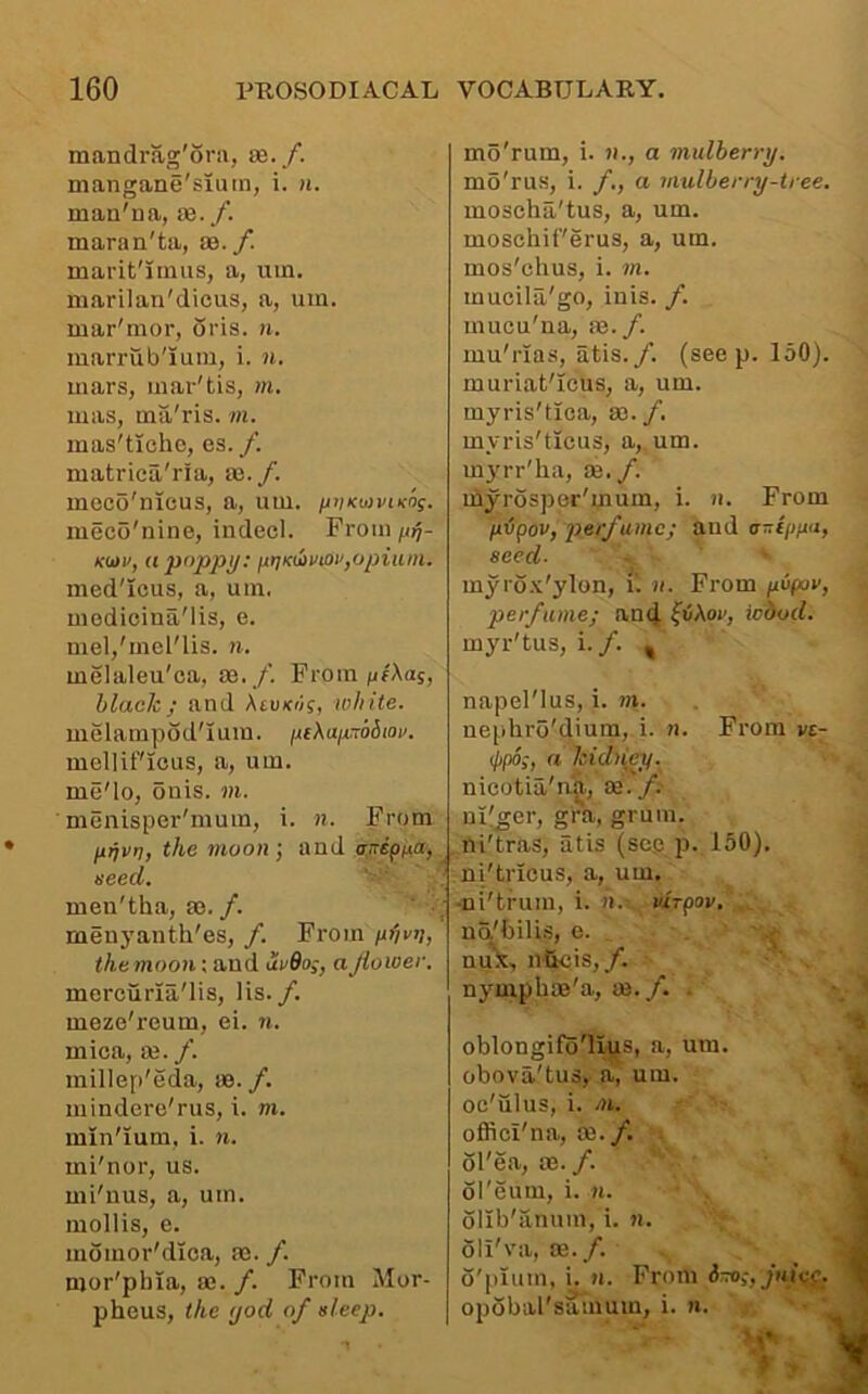 mandrag'ora, ae. /. mangane'siuin, i. n. man'na, te./. maran'ta, sd.f. marit'iinus, a, uin. marilan'dicus, a, uin. mar'mor, di'is. n. marrub'ium, i. n. mars, inar'tis, m. mas, ma'ris. m. mas'tleho, es. /. matrica'rfa, sa./. meco'nicus, a, um. i/tjxMvtKog. meco'nine, indeol. Fronifi^j- KO)v, a poppy; itijKtiviiiv,opium. med'Icus, a, um. modicina'lis, e. mel,'mel'lis. n. melaleu'oa, as. /. From/j/Xas, black; and Xtuicrff, white. melampod'Ium. jxtXajvrb&iov. mellif'icus, a, um. me'lo, onis. m. menisper'muin, i. n. From litjvrj, the moon ; and airipua, need. men'tha, as./. menyanth'es, /. From ixijioi, the moon; and avQo;, aJtower. mercuria'lis. Us. /. meze'reum, ei. n. mica, as. /. millep'eda, m./. mindere'rus, i. m. min'ium, i. n. mi'nor, us. mi'uus, a, um. mollis, e. momor'dioa, as. f. mor'plna, as. /. From Mor- pheus, the (jod of sleep. mo'rum, i. n., a mulberry. mo'rus, i. /., a mulberry-tree. moscha'tus, a, um. moschif'erus, a, um. mos'chus, i. m. mucila'go, inis. /. mucu'na, as./. mu'rias, atis./. (seep. 150). muriat'Icus, a, um. myris'tica, as./, myris'ticus, a,.um. myrr'ha, as./. myrospor'mum, i. n. From ftHpov, perfume; and a-tpim, seed- ' myro.’c'ylon, T. n. From propov, perfume; and faAoj>, wbod. myr'tus, i./. , napel'lus, i. m. nephro'dium, i. n. From ve- ippo;, a kidney. nicotia'na, ae./; nF^er, gra, gruin. ni'tras, atis (se,c p. 150). ni'trlous, a, um. •ni'tfum, i. h. lurpov, na'hilis, e. nu\, nlkis,/. nymphas'a, ae./. . oblongifo'lius, a, um. obova'tus, a, um. oc'ulus, i. m. offici'na, te./. . ol'ea, as. /. ol'eum, i. n. ollb'anum, i. n. oli'va, as./. 6'iilum, i. II. From jnix;f. opobal'samuin, i. n.