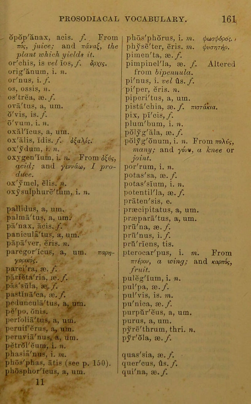 - opop'anax, acis. /., From TTOi, juice; and 7rdva(, the plant which yields it. or'chis, is vel ios,/. &PX‘S- orig'anum, i. n. or'nus, i./. os, ossis, H. os'trea, m./'. ov.a'Uis, a, um. 6'vis, is./, o'vutn. i. n. oxal'icus, a, um. ox'alis, idis./.■ ox'ydurn, h-n. . ' oxygen'iurn, i. jj, . From d^vs, qcid; and yivvaua, I pro- ditce. g ox'ymel, elis.'». oxysulphure'tum,. i. n. pallidus, a, uin. palma'tug, a, um,* pa'nax, acis./. * ’ ’ panicula'tus, a, um. papa'ver, eris. «. paregor'icus, a, um. napr]- yopijcg;. parei'ra, 80./, pai igta'ria, m./. pas'sula, sSf.f. pastiiia'ca, m./. peduncula^tus, a, um. piS'po, onis. ^ perlolia'tus, a, um. , peruif'erus, a, um. ; peruvia'nus, a, dm. petrSl'eum, i. n. jthasiii'nus, i. m. phos'phas, atis (sec p. 150). j)jjosphor'icus, a, um. phus'phorus, i. in. (pumlidpoi. / physe'ter, eris. m. (pvcriTijp. pimen'ta, ae./. pimpinel'la, ae. /. Altered from bipennula. pi'nus, i. vel ds./. pi'per, eris. n. pipori'tus, a, um. pista'chia, ae./. ynardKia. pix, pi'cis,/. plum'bum, i. n. polyg'ala, ae./. polj^g'onum, i. n. From iioXi;, ■many; and yoVv, a knee or joint. por'rum, i. n. potas'sa, ae./. potas'sium, i. n. potentil'la, ae./. I praten'sis, e. praecipitatus, a, um. prmpara'tus, a, um. pru'na, ae./. prii'nus, i./. prd'riens, tis. pterocar'pus, i. m. From nripov, a wing; and Kopm;, fruit. puleg'ium, i. n. pul'pa, ae./. pul'vis, is. m. pu'nica, ae./. purpur'eus, a, um. purus, a, um. pyre'thrum, thri. n. p^r'Sla, 80./. quas'sia, ae./. quer'cus, <ls./. qui'na, ae./.