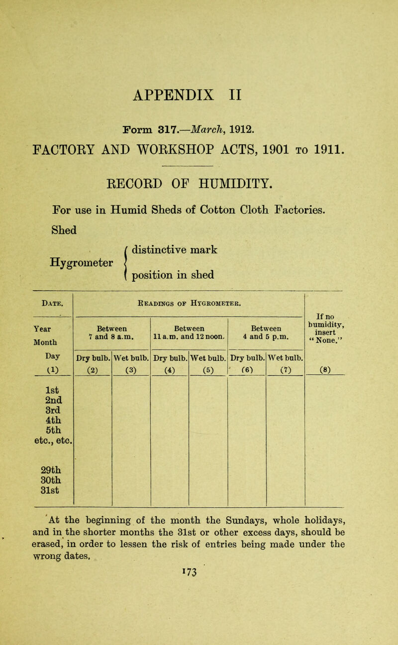Form 317.—March, 1912. FACTORY AND WORKSHOP ACTS, 1901 to 1911. RECORD OF HUMIDITY. For use in Humid Slieds of Cotton Cloth Factories. Shed ! distinctive mark : position in shed Date. Readings of Htgkometer. If no humidity, insert “ None.” Year Month Between 1 and 8 a.m. Between 11 a.m. and 12noon. Between 4 and 5 p.m. Day Cl) Dry bulb. (2) Wet bulb. (3) Dry bulb. (4) Wet bulb. (5) Dry bulb. J 16) Wet bulb. CD (8) 1st 2nd 3rd 4th 5th etc., etc. 29th 30th 31st At the beginning of the month the Sundays, whole holidays, and in the shorter months the 31st or other excess days, should be erased, in order to lessen the risk of entries being made under the wrong dates,