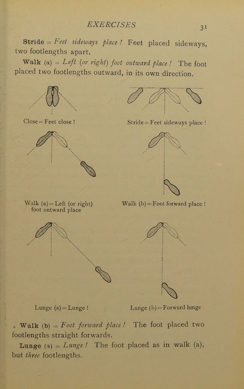 3i Stride — Feet sideways place ! Feet placed sideways, two footlengths apart. Walk (a) = Left {or right) foot outward place ! The foot placed two footlengths outward, in its own direction. Walk (a) = Left (or right) Walk (b) = Foot forward place ! foot outward place Lunge (a) = Lunge ! Lunge (b) = Forward lunge Walk (b) = Foot forward place! The foot placed two footlengths straight forwards. Lunge (a) = Lunge ! The foot placed as in walk (a), but three footlengths.