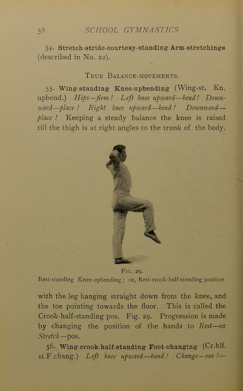 54- Stretch-stride-courtesy-standing Arm-stretchings (described in No. 22). True Balance-movements. 55. Wing-standing Knee-upbending (Wing-st. Kn. upbend.) Hips—firm ! Left knee upward—bend! Down- tv ard—place ! Right knee upward—bend ! Downward— place ! Keeping a steady balance the knee is raised till the thigh is at right angles to the trunk of the body, Fig. 29. Rest-standing Knee-upbending ; or, Rest-crook-half-standing position with the leg hanging straight down from the knee, and the toe pointing towards the floor. This is called the Crook-half-standing pos. Fig. 29. Progression is made by changing the position of the hands to Rest—or Stretch— pos. 56. Wing-crook-half-standing Foot-changing (Cr.hlf. st.F.chang.) Left knee upward—bend! Change—one !—