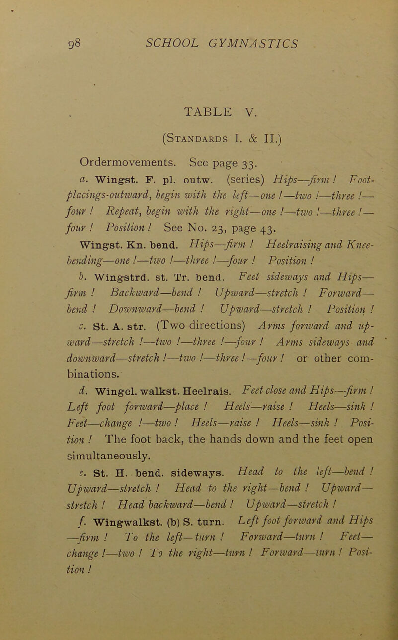 TABLE V. (Standards I. & II.) Ordermovements. See page 33. a. Wingst. F. pi. outw. (series) Hips—-firm ! Foot- placings-outward, begin with the left—one !—two !—three !— four ! Repeat, begin with the right—one !—two !—three !— four ! Position! See No. 23, page 43. Wingst. Kn. bend. Hips—firm ! Heelraising and Knee- bending—one !—two !—three!—four ! Position ! b. Wingstrd. st. Tr. bend. Feet sideways and Hips— firm ! Backward—bend ! Upward—stretch ! Forward— bend ! Downward—bend ! Upward—stretch ! Position ! c. St. A. str. (Two directions) Arms forward and up- ward—stretch !—two !—three !—four ! Arms sideways and downward—stretch !—two !—three !—four! or other com- binations. d. Wingcl. walkst. Heelrais. Feet close and Hips—firm ! Left foot forward—place ! Heels-—raise ! Heels—sink ! Feet—change !—two ! Heels—raise ! Heels—sink ! Posi- tion ! The foot back, the hands down and the feet open simultaneously. e. St. H. bend, sideways. Head to the left—bend! Upvoard—stretch ! Head to the right—bend ! Upward— stretch ! Head backward—bend ! Upward—stretch ! f Wingwalkst. (b) S. turn. Left foot forward and Hips —firm ! To the left—turn ! Forward—turn ! Feet— change!—two! To the right—turn ! Forward—turn ! Posi- tion !