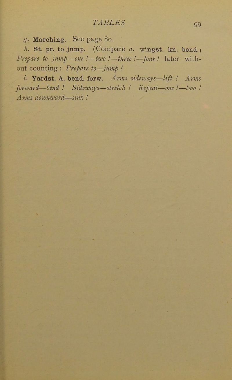 g- Marching. See page 80. h. St. pr. to jump. (Compare a. wingst. kn. bend.) Prepave to jump—one !—two !—three !—-four ! later with- out counting : Prepare to—jump ! i. Yardst. A. bend. forw. Arms sideways—lift ! Arms forward—bend ! Sideivays—stretch ! Repeat—one !—two ! A rms downward—sink !