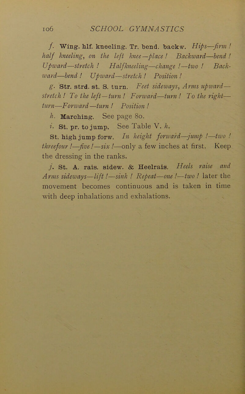 /. Wing. hlf. kneeling. Tr. bend, backw. Hips—firm ! half kneeling, on the left knee—place! Backivard—bend! Upward—stretch ! Half kneeling—change !—two ! Back- ward—bend ! Upward—stretch ! Position ! g. Str. strd. st. S. turn. Feet sideways, Arms upward— stretch! To the left—turn ! Forward—turn! To the right— turn—Forward—turn ! Position ! h. Marching. See page 80. i- St. pr. to jump. See Table V. h. St. high jump forw. In height forward—jump !—two ! threefour !—five!—six!—only a few inches at first. Keep the dressing in the ranks. j. St. A. rais. sidew. & Heelrais. Heels raise and Arms sideways—lift!—sink ! Repeat—one!—two! later the movement becomes continuous and is taken in time with deep inhalations and exhalations.