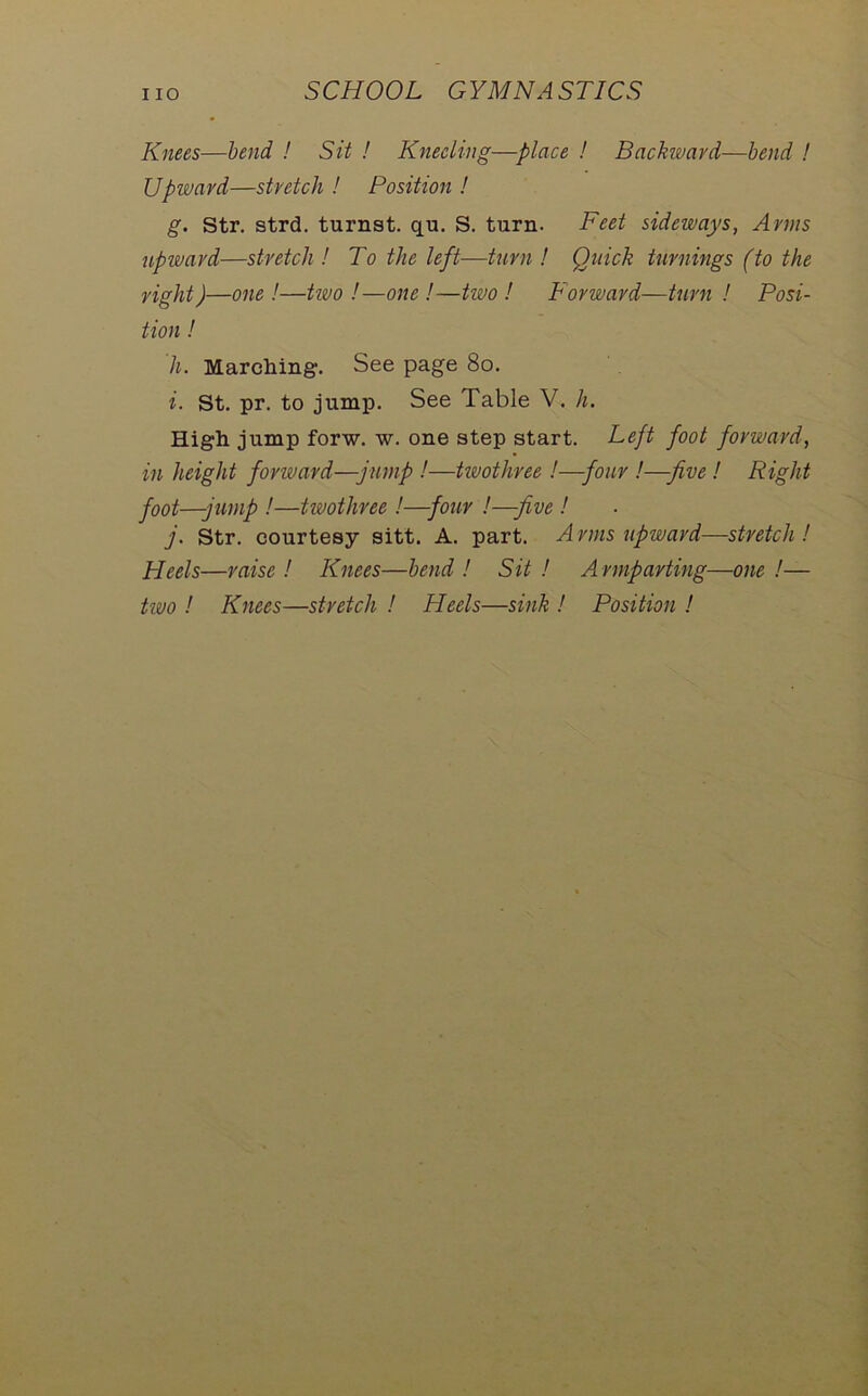 Knees—bend ! Sit ! Kneeling—place ! Backward—bend ! Upward—stretch ! Position ! g. Str. strd. turnst. qu. S. turn. Feet sideways, Anns upward—stretch ! To the left—turn ! Quick turnings (to the right)—one!—two!—one !—two! Forward—turn ! Posi- tion ! 'll. Marching. See page 80. i. St. pr. to jump. See Table V. h. High jump forw. w. one step start. Left foot forward, in height fonvard—jump !—twotliree !—four !—five ! Right foot—-jump !—twotliree !—four !—five ! j. Str. courtesy sitt. A. part. Arms upward—stretch! Heels—raise ! Knees—bend ! Sit ! A rmparting—one !— two ! Knees—stretch ! Heels—sink ! Position !