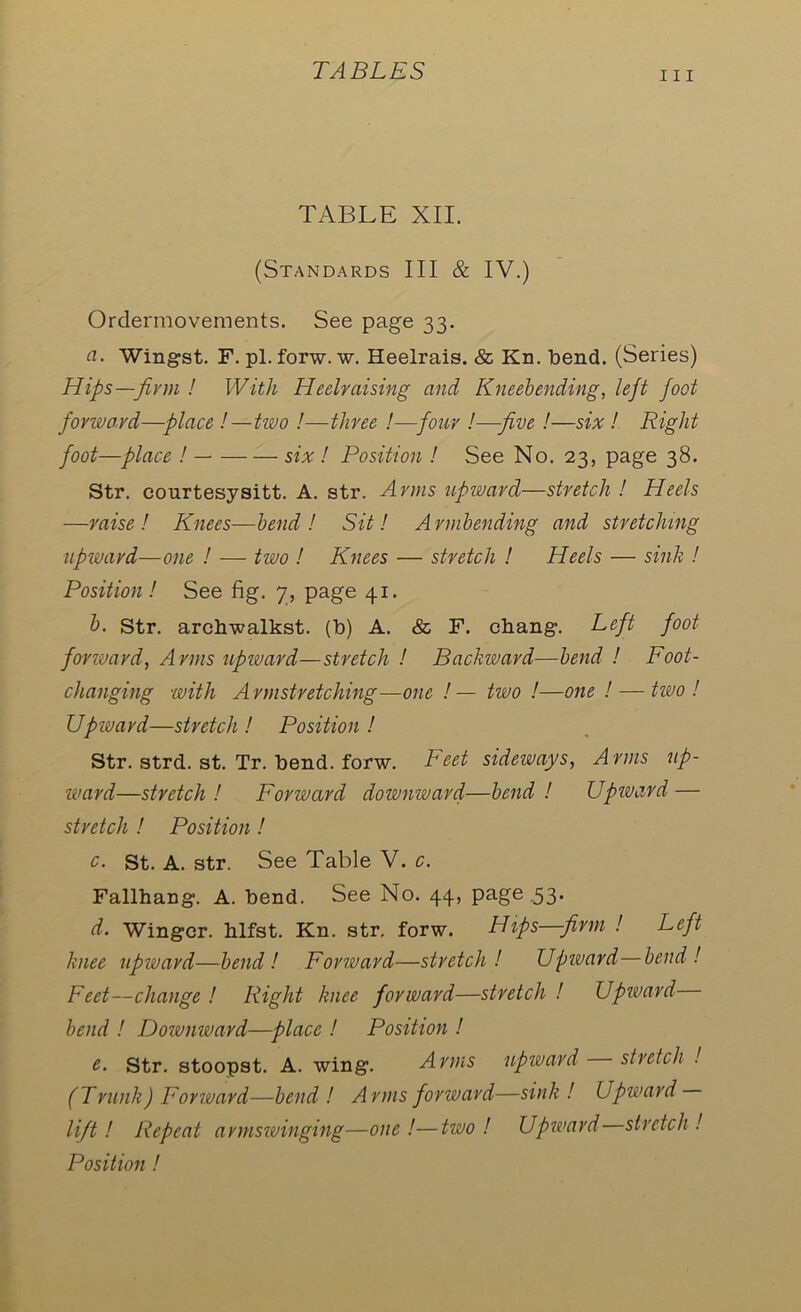 hi TABLE XII. (Standards III & IV.) Ordermovements. See page 33. a. Wingst. F. pi. forw. w. Heelrais. & Kn. bend. (Series) Hips—firm ! With Heelraising and Kneebending, left foot forward—place !—two !—three !—four !—five !—six ! Right foot—place ! six ! Position ! See No. 23, page 38. Str. courtesysitt. A. str. Arms upward—stretch ! Heels —raise l Knees—bend! Sit! Armbending and stretching upward—one ! — two ! Knees — stretch ! Heels — sink ! Position! See fig. 7, page 41. b. Str. archwalkst. (b) A. & F. chang. Left foot fonvavd, Arms upzvard—stretch ! Backward—bend ! Foot- changing with Armstretching—one !— two !—one ! — tivo ! Upivard—stretch ! Position ! Str. strd. st. Tr. bend. forw. Feet sideways, Arms up- ward—stretch ! Forward downward—bend ! Upivard — stretch ! Position ! c. St. A. str. See Table V. c. Fallhang. A. bend. See No. 44, page 53. d. Winger, hlfst. Kn. str, forw. Hips—firm ! Left knee upivard—bend! Forward—stretch! Upward—bend! Feet—change ! Right knee forward—stretch ! Upward bend ! Downward—place ! Position ! 0. Str. stoopst. A. wing. Arms upward stretch ! (Trunk) Forward—bend ! Arms forward—sink! Upward lift! Repeat armswinging—one !—two ! Upward stretch ! Position !
