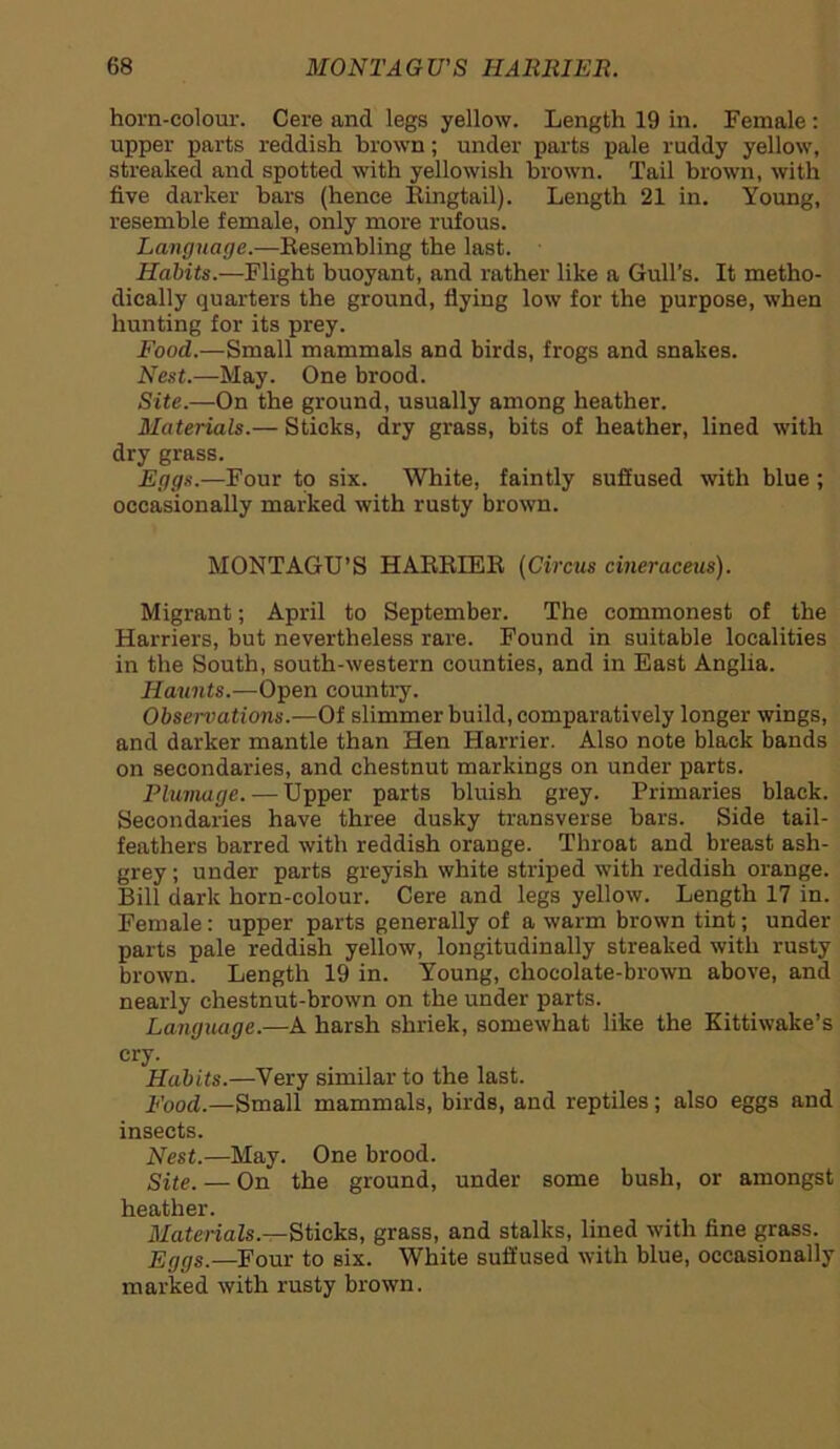 horn-colour. Cere and legs yellow. Length 19 in. Female : upper parts reddish brown; under parts pale ruddy yellow, streaked and spotted with yellowish brown. Tail brown, with five darker bars (hence Ringtail). Length 21 in. Young, resemble female, only more rufous. Language.—Resembling the last. Habits.—Flight buoyant, and rather like a Gull’s. It metho- dically quarters the ground, flying low for the purpose, when hunting for its prey. Food.—Small mammals and birds, frogs and snakes. Nest.—May. One brood. Site.—On the ground, usually among heather. Materials.— Sticks, dry grass, bits of heather, lined with dry grass. Eggs.—Four to six. White, faintly suffused with blue; occasionally marked with rusty brown. MONTAGU’S HARRIER (Circus cineraceus). Migrant; April to September. The commonest of the Harriers, but nevertheless rare. Found in suitable localities in the South, south-western counties, and in East Anglia. Haunts.—Open country. Observations.—Of slimmer build, comparatively longer wings, and darker mantle than Hen Harrier. Also note black bands on secondaries, and chestnut markings on under parts. Plumage.—Upper parts bluish grey. Primaries black. Secondaries have three dusky transverse bars. Side tail- feathers barred with reddish orange. Throat and breast ash- grey ; under parts greyish white striped with reddish orange. Bill dark horn-colour. Cere and legs yellow. Length 17 in. Female: upper parts generally of a warm brown tint; under parts pale reddish yellow, longitudinally streaked with rusty brown. Length 19 in. Young, chocolate-brown above, and nearly chestnut-brown on the under parts. Language.—A harsh shriek, somewhat like the Kittiwake’s cry. Habits.—Very similar to the last. Food.—Small mammals, birds, and reptiles; also eggs and insects. Nest.—May. One brood. Site. — On the ground, under some bush, or amongst heather. Materials.—Sticks, grass, and stalks, lined with fine grass. Eggs.—Four to six. White suffused with blue, occasionally marked with rusty brown.