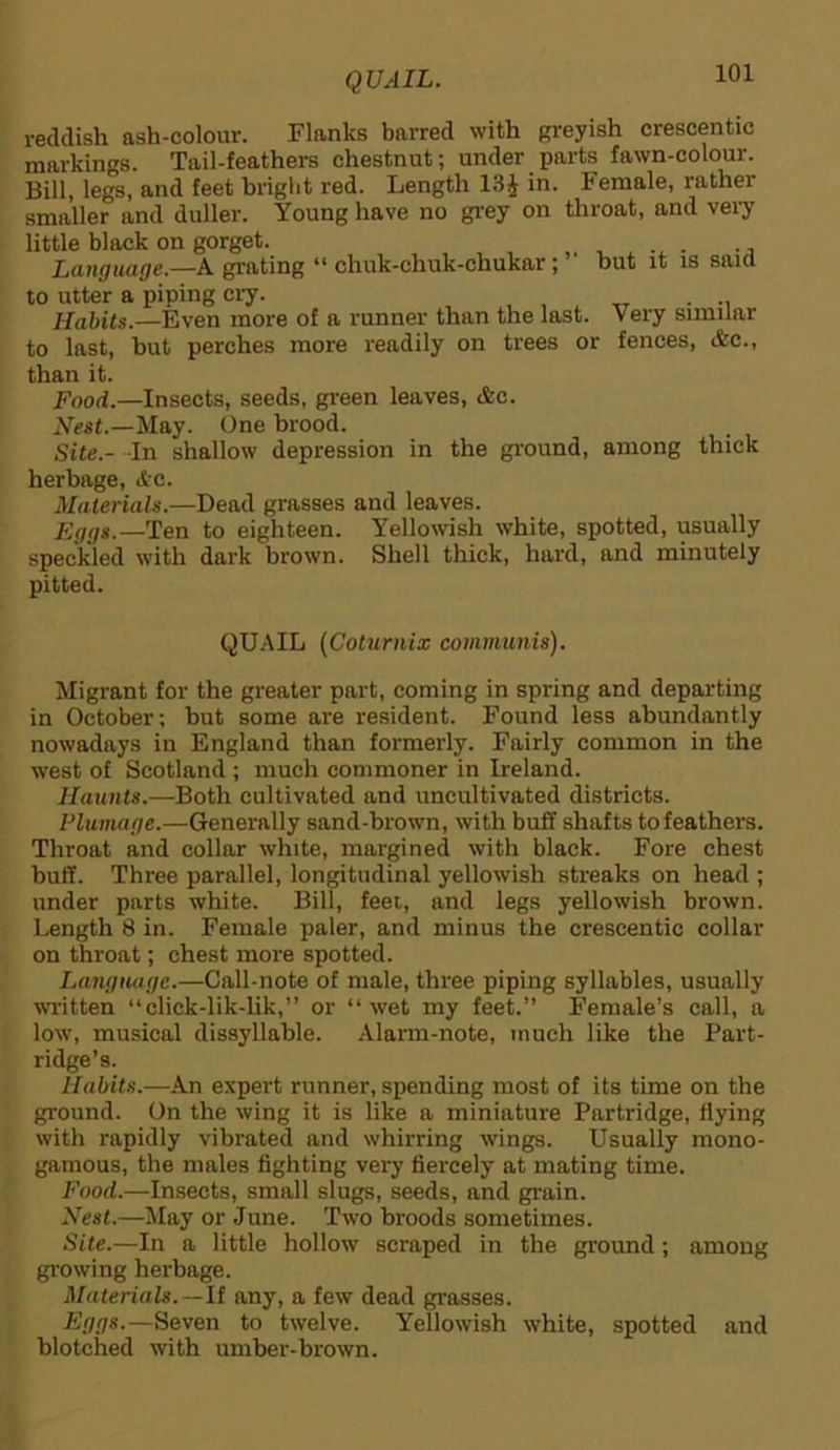 reddish ash-colour. Flanks barred with greyish crescentic markings. Tail-feathers chestnut; under parts fawn-colour. Bill, legs, and feet bright red. Length 13£ in. Female, rather smaller and duller. Young have no grey on throat, and very little black on gorget. Language.—A grating “ chuk-chuk-chukar; ' but it is said to utter a 'piping cry. ^ t TT ... Habits.—Even more of a runner than the last. Very similar to last, but perches more readily on trees or fences, &c., than it. Food.—Insects, seeds, green leaves, &c. Nest.—May. One brood. Site.- In shallow depression in the ground, among thick herbage, Ac. Materials.—Dead grasses and leaves. Eggs.—Ten to eighteen. Yellowish white, spotted, usually speckled with dark brown. Shell thick, hard, and minutely pitted. QUAIL (Goturnix communis). Migrant for the greater part, coming in spring and departing in October; but some are resident. Found less abundantly nowadays in England than formerly. Fairly common in the west of Scotland ; much commoner in Ireland. Haunts.—Both cultivated and uncultivated districts. Plumage.—Generally sand-brown, with buff shafts tofeathers. Throat and collar white, margined with black. Fore chest buff. Three parallel, longitudinal yellowish streaks on head ; under parts white. Bill, feet, and legs yellowish brown. Length 8 in. Female paler, and minus the crescentic collar on throat; chest more spotted. Language.—Call-note of male, three piping syllables, usually written “click-lik-lik,” or “wet my feet.” F’emale’s call, a low, musical dissyllable. Alarm-note, much like the Part- ridge’s. Habits.—An expert runner, spending most of its time on the ground. On the wing it is like a miniature Partridge, Hying with rapidly vibrated and whirring wings. Usually mono- gamous, the males fighting very fiercely at mating time. Food.—Insects, small slugs, seeds, and grain. Nest.—May or June. Two broods sometimes. Site.—In a little hollow scraped in the ground; among growing herbage. Materials.—It any, a few dead grasses. Eggs.—Seven to twelve. Yellowish white, spotted and blotched with umber-brown.