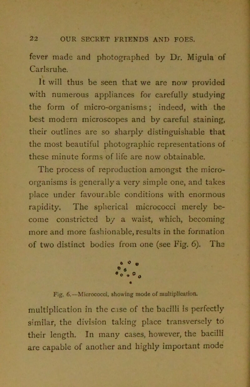 fever made and photographed by Dr. Migula of Carlsruhe. It will thus be seen that we are now provided with numerous appliances for carefully studying the form of micro-organisms; indeed, with the best modern microscopes and by careful staining, their outlines are so sharply distinguishable that the most beautiful photographic representations of these minute forms of life are now obtainable. The process of reproduction amongst the micro- organisms is generally a very simple one, and takes place under favourable conditions with enormous rapidity. The spherical micrococci merely be- come constricted by a waist, which, becoming more and more fashionable, results in the formation of two distinct bodies from one (see Fig. 6). The o o „ • 0 •o . Fig. 6.—Micrococci, showing mode of multiplication. multiplication in the case of the bacilli is perfectly similar, the division taking place transversely to their length. In many cases, however, the bacilli are capable of another and highly important mode
