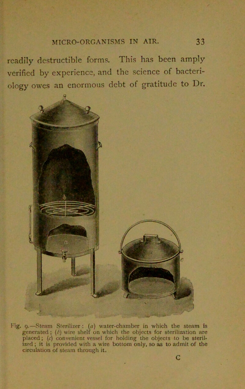 readily destructible forms. This has been amply verified by experience, and the science of bacteri- ology owes an enormous debt of gratitude to Dr. Fig. 9.—Steam Sterilizer: (a) water-chamber in which the steam is generated ; (/>) wire shelf on which the objects for sterilization are placed; (c) convenient vessel for holding the objects to be steril- ized ; it is provided with a wire bottom only, so as to admit of the circulation of steam through it. C