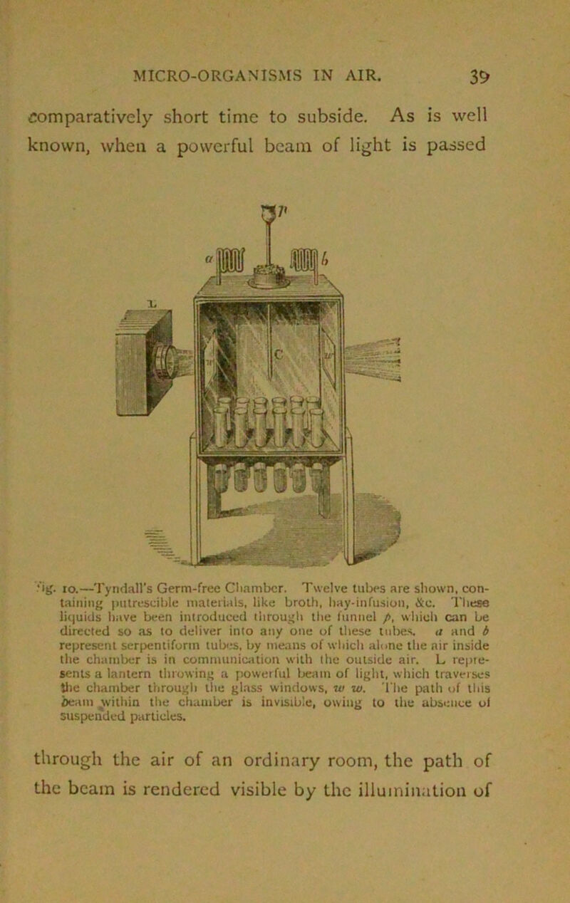 comparatively short time to subside. As is well known, when a powerful beam of light is passed fig. 10.—Tyndall's Germ-free Cliambcr. Twelve tubes are shown, con- taining putrescible materials, like broth, hay-infusion, &c. These liquids have been introduced through the funnel />, which can be directed so as to deliver into any one of these tubes, a and b represent serpentifortn lubes, by means of which alone the air inside the chamber is in communication with the outside air. L repre- sents a lantern throwing a powerful beam of light, which traverses the chamber through the glass windows, w w. The path of this beam yvithin the chamber is invisible, owing to the absence of suspended particles. through the air of an ordinary room, the path of the beam is rendered visible by the illumination of