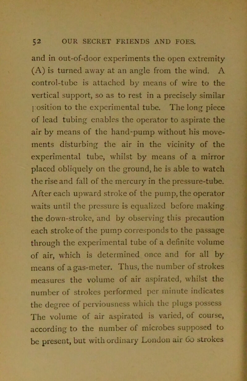 and in out-of-door experiments the open extremity (A) is turned away at an angle from the wind. A control-tube is attached by means of wire to the vertical support, so as to rest in a precisely similar position to the experimental tube. The long piece of lead tubing enables the operator to aspirate the air by means of the hand-pump without his move- ments disturbing the air in the vicinity of the experimental tube, whilst by means of a mirror placed obliquely on the ground, he is able to watch the rise and fall of the mercury in the pressure-tube. After each upward stroke of the pump, the operator waits until the pressure is equalized before making the down-stroke, and by observing this precaution each stroke of the pump corresponds to the passage through the experimental tube of a definite volume of air, which is determined once and for all by means of a gas-meter. Thus, the number of strokes measures the volume of air aspirated, whilst the number of strokes performed per minute indicates the degree of perviousness which the plugs possess The volume of air aspirated is varied, of course, according to the number of microbes supposed to be present, but with ordinary London air 60 strokes