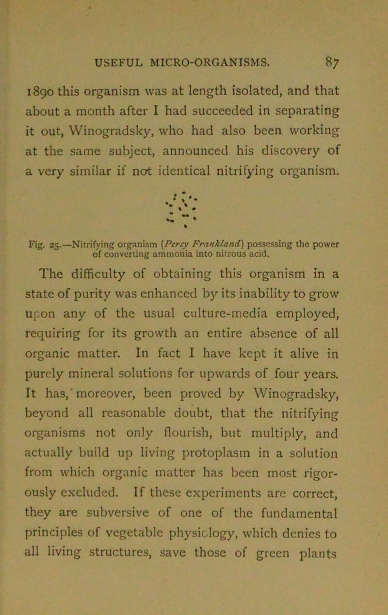 1890 this organism was at length isolated, and that about a month after I had succeeded in separating it out, Winogradsky, who had also been working at the same subject, announced his discovery of a very similar if not identical nitrifying organism. ». ** * Fig. 25.—Nitrifying organism (Percy Frankland) possessing the power of converting ammonia into nitrous acid. The difficulty of obtaining this organism in a state of purity was enhanced by its inability to grow upon any of the usual culture-media employed, requiring for its growth an entire absence of all organic matter. In fact I have kept it alive in purely mineral solutions for upwards of four years. It has, moreover, been proved by Winogradsky, beyond all reasonable doubt, that the nitrifying organisms not only flourish, but multiply, and actually build up living protoplasm in a solution from which organic matter has been most rigor- ously excluded. If these experiments are correct, they are subversive of one of the fundamental principles of vegetable physiology, which denies to all living structures, save those of green plants