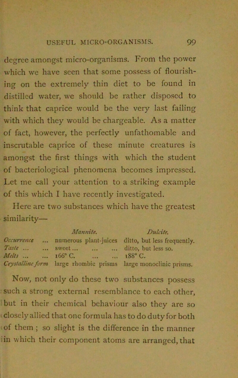 degree amongst micro-organisms. From the power which we have seen that some possess of flourish- ing on the extremely thin diet to be found in distilled water, we should be rather disposed to think that caprice would be the very last failing with which they would be chargeable. As a matter of fact, however, the perfectly unfathomable and inscrutable caprice of these minute creatures is amongst the first things with which the student of bacteriological phenomena becomes impressed. Let me call your attention to a striking example of this which I have recently investigated. Here are two substances which have the greatest similarity— Mannite. Dulcite. Occurrence ... numerous plant-juices ditto, but less frequently. Taste ... ... sweet... ... ... ditto, but less so. Melts 166° C 188° C. Crystalline form large rhombic prisms large monoclinic prisms. Now, not only do these two substances possess such a strong external resemblance to each other, but in their chemical behaviour also they are so closely allied that one formula has to do duty for both of them ; so slight is the difference in the manner in which their component atoms are arranged, that