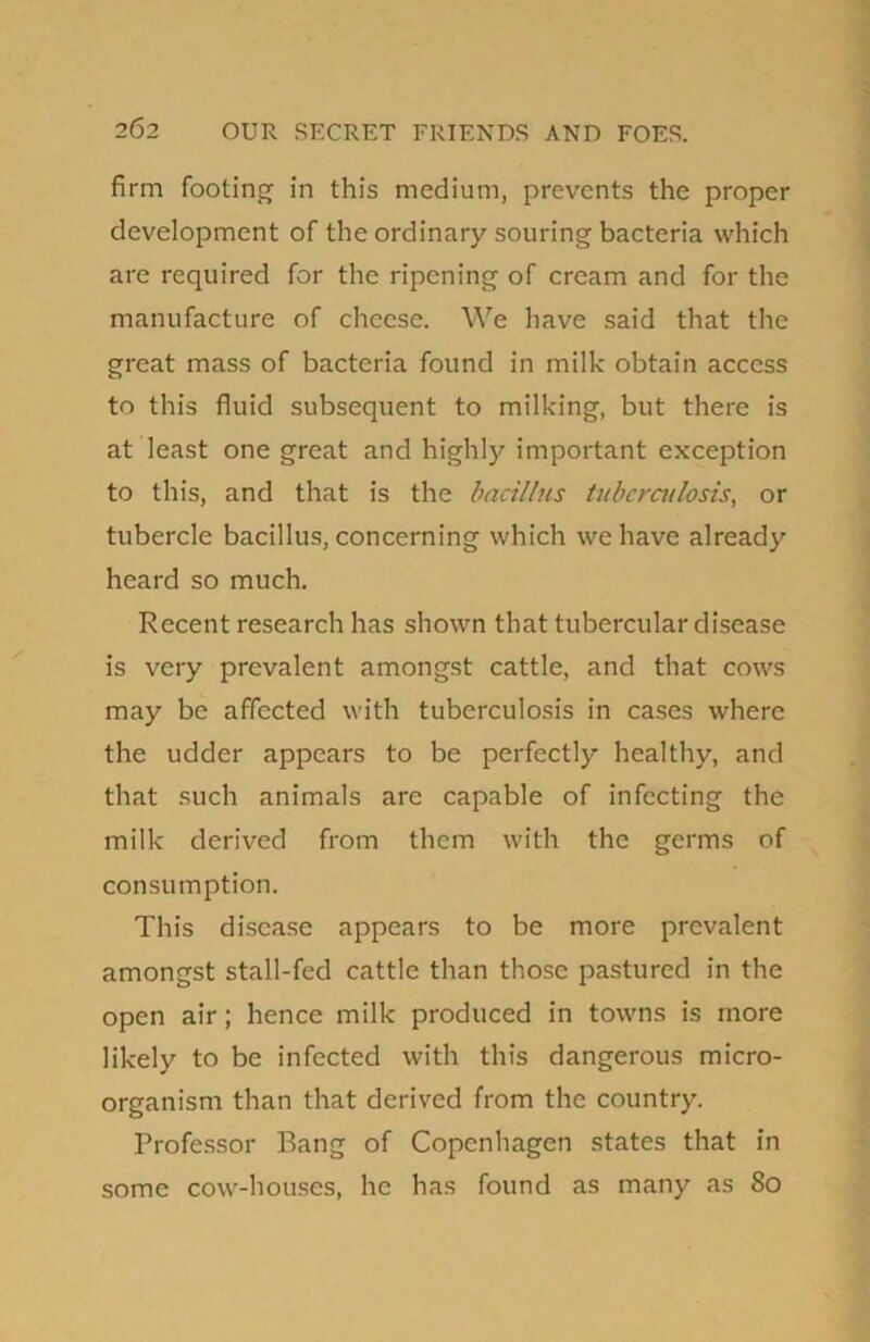 firm footing in this medium, prevents the proper development of the ordinary souring bacteria which are required for the ripening of cream and for the manufacture of cheese. We have said that the great mass of bacteria found in milk obtain access to this fluid subsequent to milking, but there is at least one great and highly important exception to this, and that is the bacillus tuberculosis, or tubercle bacillus, concerning which we have already heard so much. Recent research has shown that tubercular disease is very prevalent amongst cattle, and that cows may be affected with tuberculosis in cases where the udder appears to be perfectly healthy, and that such animals are capable of infecting the milk derived from them with the germs of consumption. This disease appears to be more prevalent amongst stall-fed cattle than those pastured in the open air ; hence milk produced in towns is more likely to be infected with this dangerous micro- organism than that derived from the country. Professor Bang of Copenhagen states that in some cow-houses, he has found as many as So