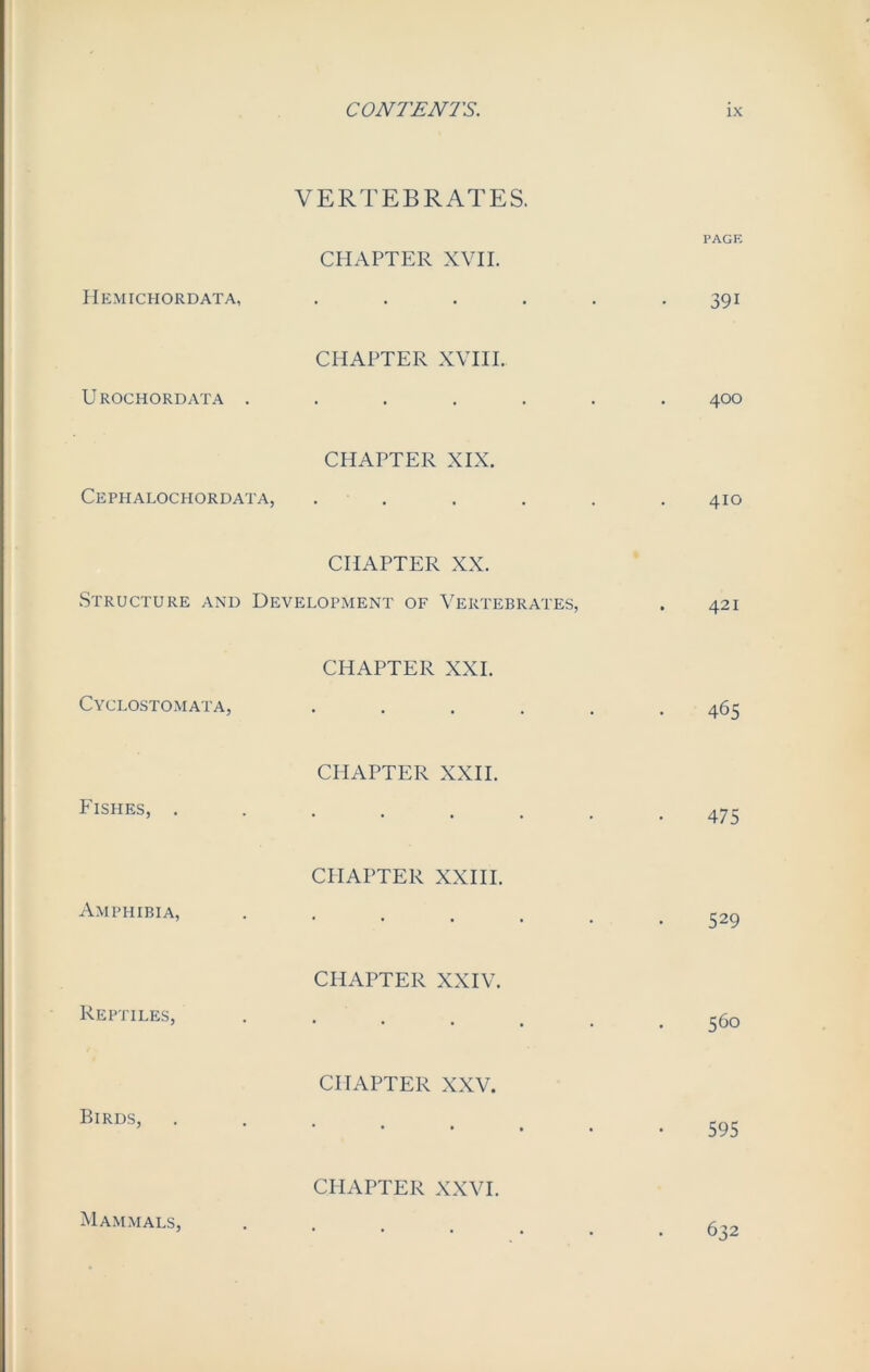 VERTEBRATES. PAGE CHAPTER XVII. Hemichordata, ...... 391 CHAPTER XVIII. Urochordata ....... 400 CHAPTER XIX. Cephalochordata, ...... 410 CHAPTER XX. Structure and Development of Vertebrates, . 421 CHAPTER XXI. Cyclostomata, ...... 465 CHAPTER XXII. Fishes, ........ 475 CHAPTER XXIII. Amphibia, ....... 529 CHAPTER XXIV. Reptiles, ....... 560 CHAPTER XXV. BlRDS’ ’ 595 CHAPTER XXVI. Mammals, 632