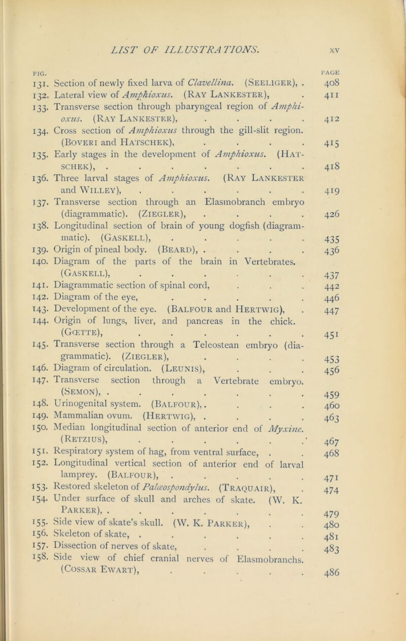 FIG. l'AGE 131. Section of newly fixed larva of Clavellina. (Seeliger), . 408 132. Lateral view of Arnphioxus. (Ray Lankester), . 411 133. Transverse section through pharyngeal region of Arnphi- oxns. (Ray Lankester), . . . .412 134. Cross section of Arnphioxus through the gill-slit region. (Boveri and Hatschek), . . . .415 135. Early stages in the development of Arnphioxus. (Hat- schek), ....... 418 136. Three larval stages of Arnphioxus. (Ray Lankester and Willey), ...... 419 137. Transverse section through an Elasmobranch embryo (diagrammatic). (Ziegler), .... 426 138. Longitudinal section of brain of young dogfish (diagram- matic). (Gaskell), ..... 435 139. Origin of pineal body. (Beard), .... 436 140. Diagram of the parts of the brain in Vertebrates. (Gaskell), ...... 437 141. Diagrammatic section of spinal cord, . . . 442 142. Diagram of the eye, ..... 446 143. Development of the eye. (Balfour and Hertwig), . 447 144. Origin of lungs, liver, and pancreas in the chick. (Gcette), . . . . . .451 145. Transverse section through a Teleostean embryo (dia- grammatic). (Ziegler), .... 453 146. Diagram of circulation. (Leunis), . . . 436 147. Transverse section through a Vertebrate embryo. (Semon), ....... 459 148. Urinogenital system. (Balfour), .... 460 149. Mammalian ovum. (Hertwig), .... 463 150. Median longitudinal section of anterior end of Myxine. (Retzius), . . . . . .’467 151. Respiratory system of hag, from ventral surface, . . 468 152. Longitudinal vertical section of anterior end of larval lamprey. (Balfour), . . . . .471 153- Restored skeleton of Palccospondylus. (Traquair), . 474 154. Under surface of skull and arches of skate. (W. K. Parker), ....... 479 155. Side view of skate’s skull. (W. K. Parker), . . 480 156. Skeleton of skate, . . . . . .481 157. Dissection of nerves of skate, .... 483 158. Side view of chief cranial nerves of Elasmobranchs. (Cossar Ewart), ..... 486