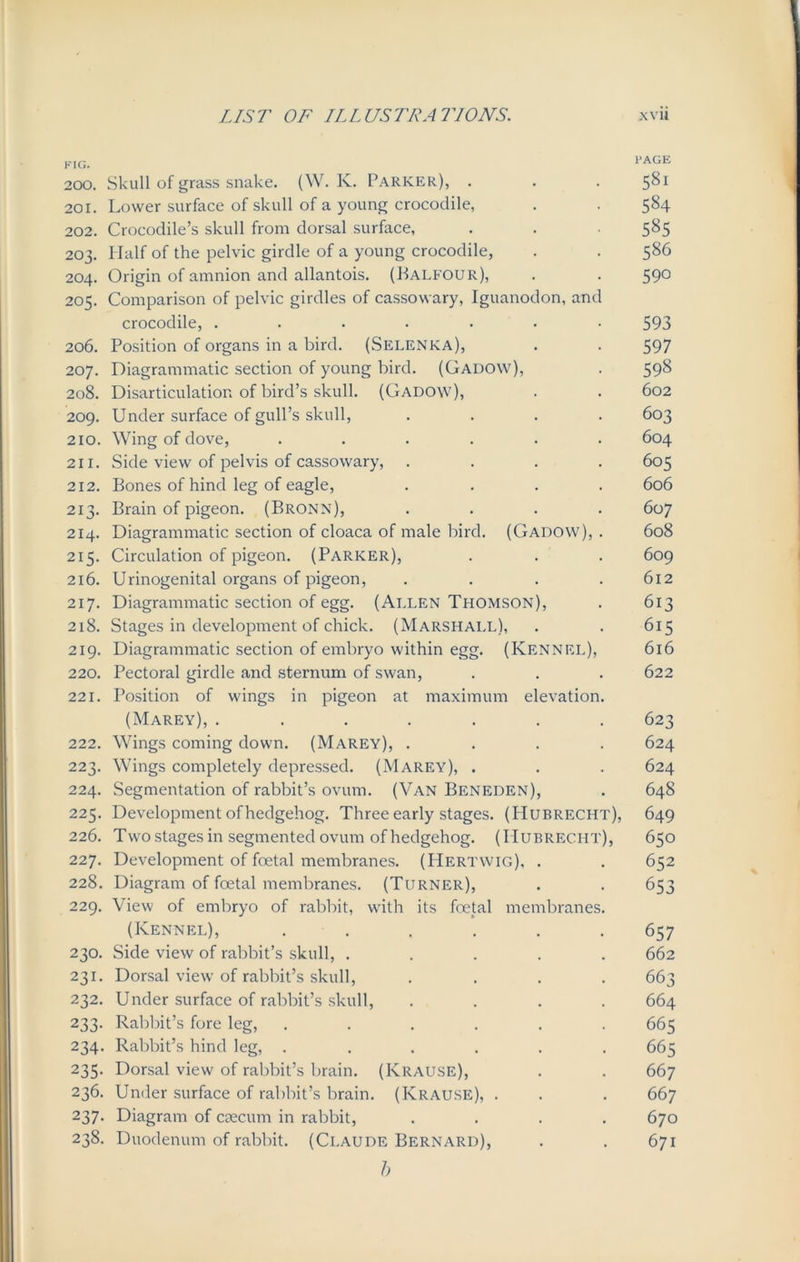 PIG. PAGE 200. Skull of grass snake. (W. K. Parker), . . . 581 201. Lower surface of skull of a young crocodile, . . 584 202. Crocodile’s skull from dorsal surface, . . 585 203. Half of the pelvic girdle of a young crocodile, . . 586 204. Origin of amnion and allantois. (Balfour), . . 59° 205. Comparison of pelvic girdles of cassowary, Iguanodon, and crocodile, ....... 593 206. Position of organs in a bird. (Selenka), . . 597 207. Diagrammatic section of young bird. (Gadow), . 598 208. Disarticulation of bird’s skull. (Gadow), . . 602 209. Under surface of gull’s skull, .... 603 210. Wing of dove, ...... 604 2ir. Side view of pelvis of cassowary, .... 605 212. Bones of hind leg of eagle, .... 606 213. Brain of pigeon. (Bronn), .... 607 214. Diagrammatic section of cloaca of male bird. (Gadow), . 608 215. Circulation of pigeon. (Parker), . . . 609 216. Urinogenital organs of pigeon, . . . .612 217. Diagrammatic section of egg. (Allen Thomson), . 613 218. Stages in development of chick. (Marshall), . . 615 219. Diagrammatic section of embryo within egg. (Kennel), 616 220. Pectoral girdle and sternum of swan, . . . 622 221. Position of wings in pigeon at maximum elevation. (Marey), ....... 623 222. Wings coming down. (Marey), .... 624 223. Wings completely depressed. (Marey), . . . 624 224. Segmentation of rabbit’s ovum. (Van Beneden), . 648 225. Development of hedgehog. Three early stages. (Hubrecht), 649 226. Two stages in segmented ovum of hedgehog. (IIubrecht), 650 227. Development of foetal membranes. (Hertwig). . . 652 228. Diagram of foetal membranes. (Turner), . . 653 229. View of embryo of rabbit, with its foetal membranes. (Kennel), ...... 657 230. Side view of rabbit’s skull, ..... 662 231. Dorsal view of rabbit’s skull, .... 663 232. Under surface of rabbit’s skull, .... 664 233. Rabbit’s fore leg, ...... 665 234. Rabbit’s hind leg, ...... 665 235. Dorsal view of rabbit’s brain. (Krause), . . 667 236. Under surface of rabbit’s brain. (Krause), . . . 667 237. Diagram of caecum in rabbit, .... 670 238. Duodenum of rabbit. (Claude Bernard), . . 671 b