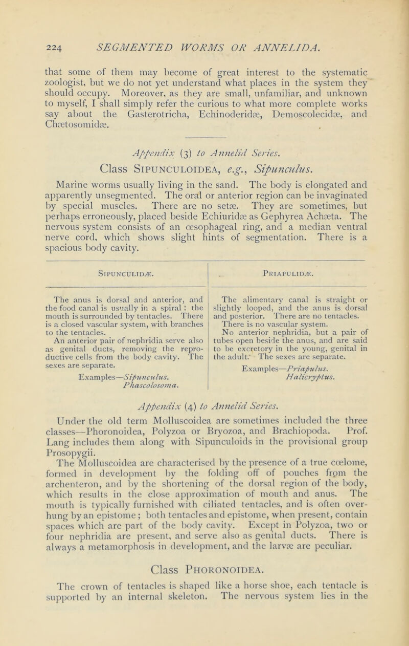 that some of them may become of great interest to the systematic zoologist, but we do not yet understand what places in the system they should occupy. Moreover, as they are small, unfamiliar, and unknown to myself, I shall simply refer the curious to what more complete works say about the Gasterotricha, Echinoderidse, Demoscolecidce, and Chaetosomidse. Appendix (3) to Annelid Series. Class Sipunculoidea, e.g., Sipunculus. Marine worms usually living in the sand. The body is elongated and apparently unsegmented. The oral or anterior region can be invaginated by special muscles. There are no setae. They are sometimes, but perhaps erroneously, placed beside Echiuridse as Gephyrea Achaeta. The nervous system consists of an oesophageal ring, and a median ventral nerve cord, which shows slight hints of segmentation. There is a spacious body cavity. SlPUNCULimE. PRIAPULlDyF.. The anus is dorsal and anterior, and the food canal is usually in a spiral : the mouth is surrounded by tentacles. There is a closed vascular system, with branches to the tentacles. An anterior pair of nephridia serve also as genital ducts, removing the repro- ductive cells from the body cavity. The sexes are separate. Examples—Sipunculus. Phascolosoma. The alimentary canal is straight or slightly looped, and the anus is dorsal and posterior. There are no tentacles. There is no vascular system. No anterior nephridia, but a pair of tubes open beside the anus, and are said to be excretory in the young, genital in the adult.' The sexes are separate. E x am pi es—Priapulus. Halicryptus. Appendix (4) to Annelid Series. Under the old term Molluscoidea are sometimes included the three classes—I'horonoidea, Polyzoa or Bryozoa, and Brachiopoda. Prof. Lang includes them along with Sipunculoids in the provisional group Prosopygii. The Molluscoidea are characterised by the presence of a true coelome, formed in development by the folding off of pouches frpm the archenteron, and by the shortening of the dorsal region of the body, which results in the close approximation of mouth and anus. The mouth is typically furnished with ciliated tentacles, and is often over- hung by an epistome; both tentacles and epistome, when present, contain spaces which are part of the body cavity. Except in Polyzoa, two or four nephridia are present, and serve also as genital ducts. There is always a metamorphosis in development, and the larvre are peculiar. Class Phoronoidea. The crown of tentacles is shaped like a horse shoe, each tentacle is supported by an internal skeleton. The nervous system lies in the