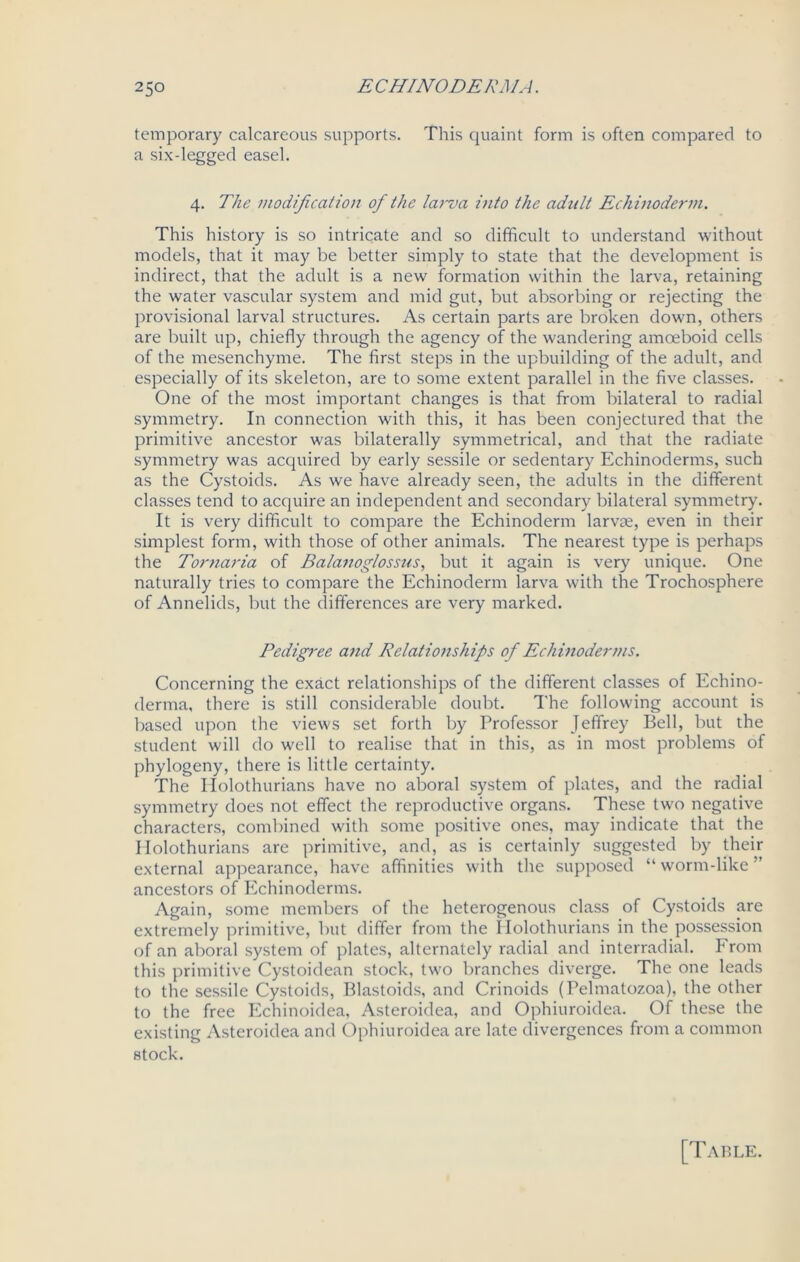 temporary calcareous supports. This quaint form is often compared to a six-legged easel. 4. The modification of the larva into the adult Echinoderm. This history is so intricate and so difficult to understand without models, that it may be better simply to state that the development is indirect, that the adult is a new formation within the larva, retaining the water vascular system and mid gut, but absorbing or rejecting the provisional larval structures. As certain parts are broken down, others are built up, chiefly through the agency of the wandering amoeboid cells of the mesenchyme. The first steps in the upbuilding of the adult, and especially of its skeleton, are to some extent parallel in the five classes. One of the most important changes is that from bilateral to radial symmetry. In connection with this, it has been conjectured that the primitive ancestor was bilaterally symmetrical, and that the radiate symmetry was acquired by early sessile or sedentary Echinoderms, such as the Cystoids. As we have already seen, the adults in the different classes tend to acquire an independent and secondary bilateral symmetry. It is very difficult to compare the Echinoderm larvae, even in their simplest form, with those of other animals. The nearest type is perhaps the Tornaria of Balanoglossus, but it again is very unique. One naturally tries to compare the Echinoderm larva with the Trochosphere of Annelids, but the differences are very marked. Pedigree and Relationships of Echinoderms. Concerning the exact relationships of the different classes of Echino- derma, there is still considerable doubt. The following account is based upon the views set forth by Professor Jeffrey Bell, but the student will do well to realise that in this, as in most problems of phylogeny, there is little certainty. The Ilolothurians have no aboral system of plates, and the radial symmetry does not effect the reproductive organs. These two negative characters, combined with some positive ones, may indicate that the Holothurians are primitive, and, as is certainly suggested by their external appearance, have affinities with the supposed “worm-like” ancestors of Echinoderms. Again, some members of the heterogenous class of Cystoids are extremely primitive, but differ from the Holothurians in the possession of an aboral system of plates, alternately radial and interradial. From this primitive Cystoidean stock, two branches diverge. The one leads to the sessile Cystoids, Blastoids, and Crinoids (Pelmatozoa), the other to the free Echinoidea, Asteroidea, and Ophiuroidea. Of these the existing Asteroidea and Ophiuroidea are late divergences from a common stock. [Table.
