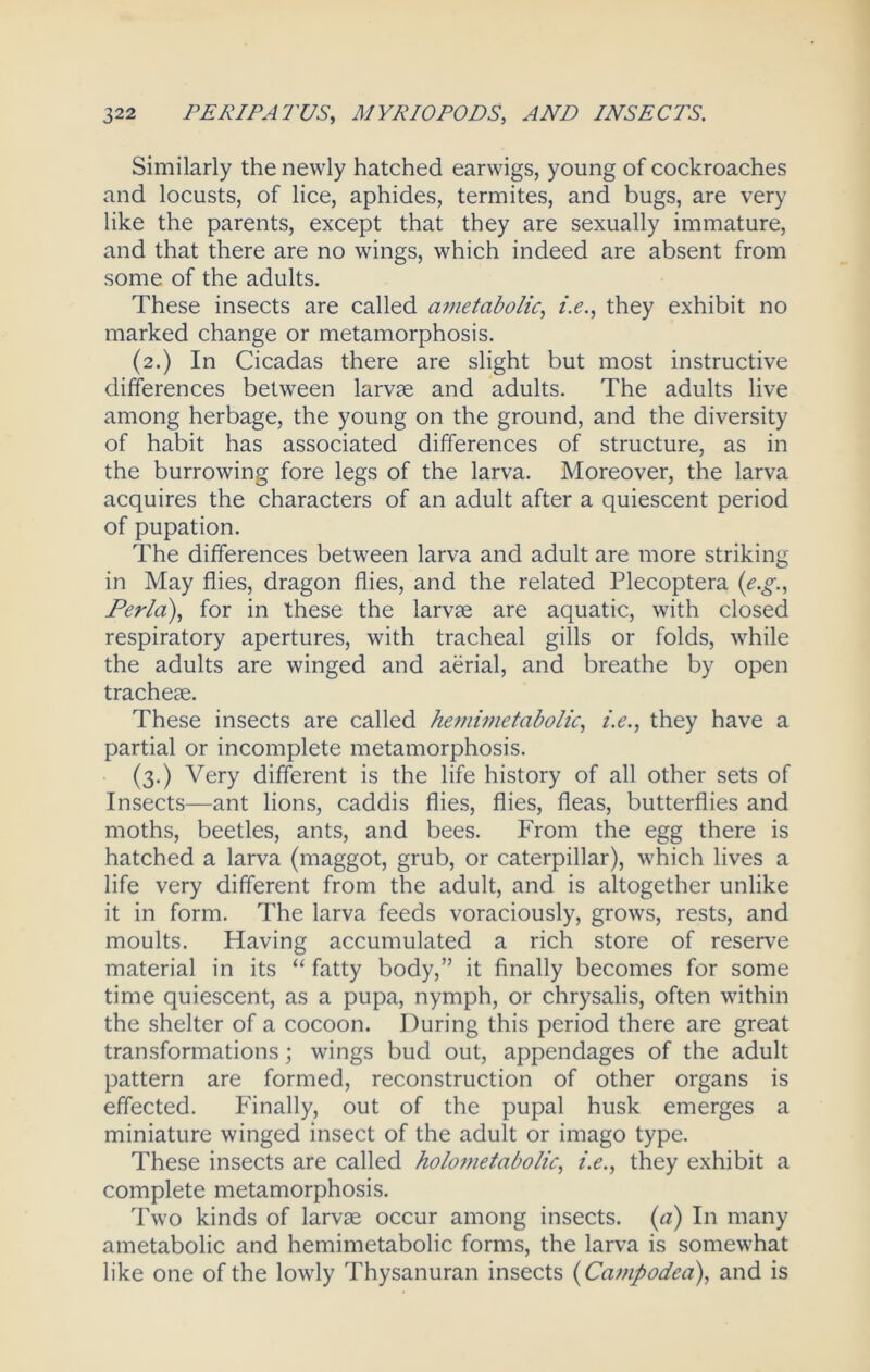 Similarly the newly hatched earwigs, young of cockroaches and locusts, of lice, aphides, termites, and bugs, are very like the parents, except that they are sexually immature, and that there are no wings, which indeed are absent from some of the adults. These insects are called ametabolic, i.e., they exhibit no marked change or metamorphosis. (2.) In Cicadas there are slight but most instructive differences between larvae and adults. The adults live among herbage, the young on the ground, and the diversity of habit has associated differences of structure, as in the burrowing fore legs of the larva. Moreover, the larva acquires the characters of an adult after a quiescent period of pupation. The differences between larva and adult are more striking in May flies, dragon flies, and the related Plecoptera (e.g., Perla), for in these the larvae are aquatic, with closed respiratory apertures, with tracheal gills or folds, while the adults are winged and aerial, and breathe by open tracheae. These insects are called hemimetabolic, i.e., they have a partial or incomplete metamorphosis. (3.) Very different is the life history of all other sets of Insects—ant lions, caddis flies, flies, fleas, butterflies and moths, beetles, ants, and bees. From the egg there is hatched a larva (maggot, grub, or caterpillar), which lives a life very different from the adult, and is altogether unlike it in form. The larva feeds voraciously, grows, rests, and moults. Having accumulated a rich store of reserve material in its “ fatty body,” it finally becomes for some time quiescent, as a pupa, nymph, or chrysalis, often within the shelter of a cocoon. During this period there are great transformations; wings bud out, appendages of the adult pattern are formed, reconstruction of other organs is effected. Finally, out of the pupal husk emerges a miniature winged insect of the adult or imago type. These insects are called holo??ietabolic, i.e., they exhibit a complete metamorphosis. Two kinds of larvae occur among insects, (a) In many ametabolic and hemimetabolic forms, the larva is somewhat like one of the lowly Thysanuran insects (Campodea), and is