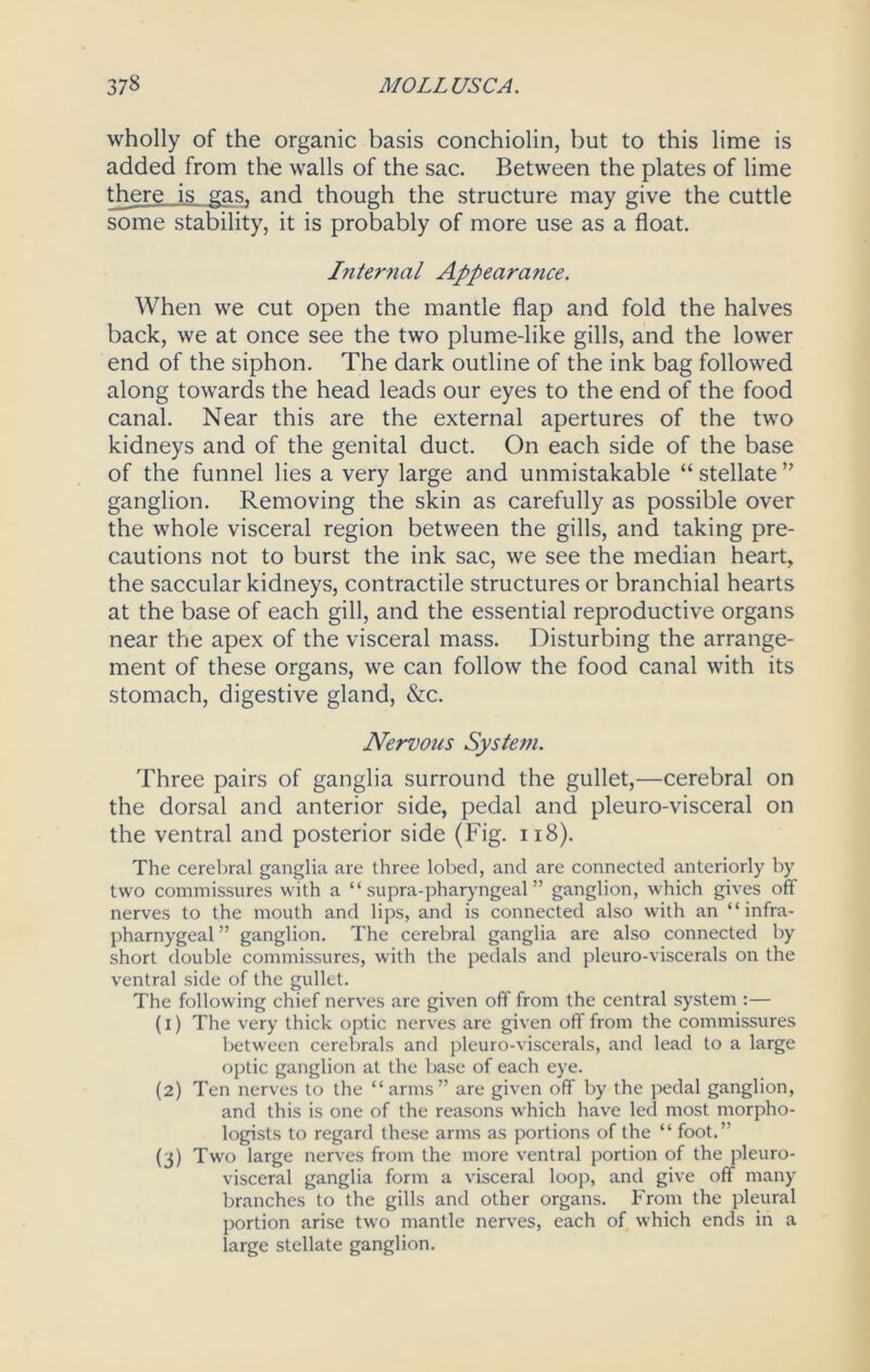wholly of the organic basis conchiolin, but to this lime is added from the walls of the sac. Between the plates of lime there is gas, and though the structure may give the cuttle some stability, it is probably of more use as a float. I?iternal Appearance. When we cut open the mantle flap and fold the halves back, we at once see the two plume-like gills, and the lower end of the siphon. The dark outline of the ink bag followed along towards the head leads our eyes to the end of the food canal. Near this are the external apertures of the two kidneys and of the genital duct. On each side of the base of the funnel lies a very large and unmistakable “stellate” ganglion. Removing the skin as carefully as possible over the whole visceral region between the gills, and taking pre- cautions not to burst the ink sac, we see the median heart, the saccular kidneys, contractile structures or branchial hearts at the base of each gill, and the essential reproductive organs near the apex of the visceral mass. Disturbing the arrange- ment of these organs, we can follow the food canal with its stomach, digestive gland, &c. Nervous System. Three pairs of ganglia surround the gullet,—cerebral on the dorsal and anterior side, pedal and pleuro-visceral on the ventral and posterior side (Fig. 118). The cerebral ganglia are three lobed, and are connected anteriorly by two commissures with a “ supra-pharyngeal ” ganglion, which gives off nerves to the mouth and lips, and is connected also with an “ infra - pharnygeal” ganglion. The cerebral ganglia are also connected by short double commissures, with the pedals and pleuro-viscerals on the ventral side of the gullet. The following chief nerves are given off from the central system :— (1) The very thick optic nerves are given off from the commissures between cerebrals and pleuro-viscerals, and lead to a large optic ganglion at the base of each eye. (2) Ten nerves to the “arms” are given off by the pedal ganglion, and this is one of the reasons which have led most morpho- logists to regard these arms as portions of the “ foot.” (3) Two large nerves from the more ventral portion of the pleuro- visceral ganglia form a visceral loop, and give off many branches to the gills and other organs. From the pleural portion arise two mantle nerves, each of which ends in a large stellate ganglion.