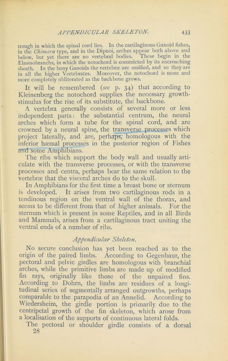 trough in which the spinal cord lies. In the cartilaginous Ganoid fishes, in the Ckimcera type, and in the Dipnoi, arches appear both above and below, but yet there are no vertebral bodies. These begin in the Elasmobranchs, in which the notochord is constricted by its encroaching sheath. In the bony Ganoids the vertebrae are ossified, and so they are in all the higher Vertebrates. Moreover, the notochord is more and more completely obliterated as the backbone grows. It will be remembered (see p. 34) that according to Kleinenberg the notochord supplies the necessary growth- stimulus for the rise of its substitute, the backbone. A vertebra generally consists of several more or less independent parts: the substantial centrum, the neural arches which form a tube for the spinal cord, and are crowned by a neural spine, the transverse processes which project laterally, and are, perhaps, homologous with the inferior haemal processes in the posterior region of Fishes and some Amphibians. The ribs which support the body wall and usually arti- culate with the transverse processes, or with the transverse processes and centra, perhaps bear the same relation to the vertebrae that the visceral arches do to the skull. In Amphibians for the first time a breast bone or sternum is developed. It arises from two cartilaginous rods in a tendinous region on the ventral wall of the thorax, and seems to be different from that of higher animals. For the sternum which is present in some Reptiles, and in all Birds and Mammals, arises from a cartilaginous tract uniting the ventral ends of a number of ribs. Appendicular Skeleton. No secure conclusion has yet been reached as to the origin of the paired limbs. According to Gegenbaur, the pectoral and pelvic girdles are homologous with branchial arches, while the primitive limbs are made up of modified fin rays, originally like those of the unpaired fins. According to Dohrn, the limbs are residues of a longi- tudinal series of segmentally arranged outgrowths, perhaps comparable to the parapodia of an Annelid. According to Wiedersheim, the girdle portion is primarily due to the centripetal growth of the fin skeleton, which arose from a localisation of the supports of continuous lateral folds. The pectoral or shoulder girdle consists of a dorsal 28