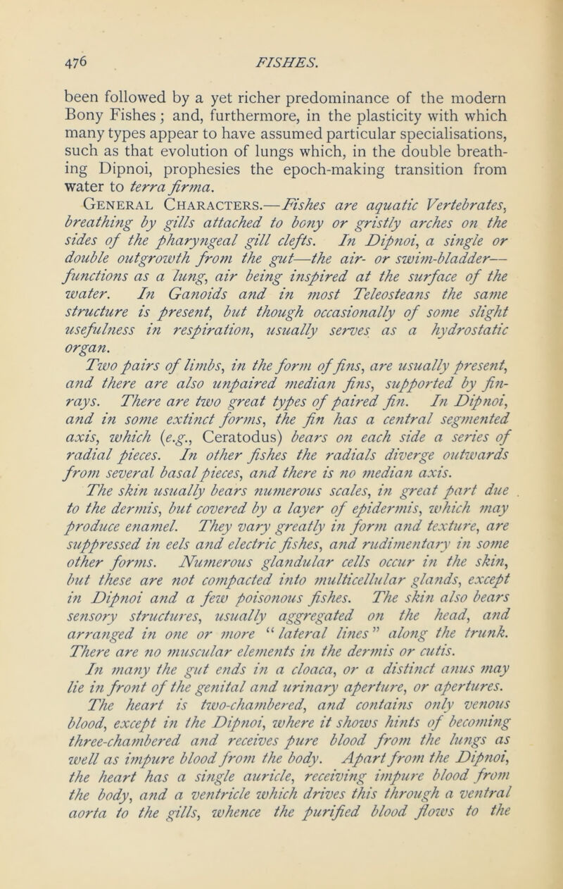 been followed by a yet richer predominance of the modern Bony Fishes; and, furthermore, in the plasticity with which many types appear to have assumed particular specialisations, such as that evolution of lungs which, in the double breath- ing Dipnoi, prophesies the epoch-making transition from water to terra firma. General Characters.—Fishes are aquatic Vertebrates, breathing by gills attached to bony or gristly arches on the sides of the pharyngeal gill clefts. In Dipnoi, a single or double outgrowth fro?n the gut—the air- or swim-bladder— functions as a lung, air being inspired at the surface of the water. In Ganoids and in most Teleostea?is the same structure is present, but though occasionally of some slight usefulness i?i respiration, usually serves as a hydrostatic organ. Two pairs of limbs, in the form of fins, are usually present, and there are also unpaired median fins, supported by fin- rays. There are two great types of paired fin. In Dipnoi, and in some extinct forms, the fin has a central segmented axis, which (e.g., Ceratodus) bears o?i each side a series of radial pieces. In other fishes the radials diverge outwards from several basal pieces, and there is no media?i axis. The skin us2ially bears numerous scales, in great part due . to the dermis, but covered by a layer of epidermis, which may produce enamel. They vary greatly in form a?id texture, are suppressed in eels a?id electric fishes, and rudime?itary in some other for?ns. numerous glandular cells occur in the skin, but these are not compacted i?ito multicellular glands, except in Dip7ioi a?id a few poiso?ious fishes. The ski?i also bears sensory structures, usually aggregated o?i the head, and arra?iged in one or more “ lateral lines ” along the trunk. There are no muscular elements in the dermis or cutis. In many the gut ends i?i a cloaca, or a distinct anus may lie in front of the genital and urinary aperture, or apertures. The heart is two-chambered, and co?itai?is only venous blood, except in the Dipnoi, where it shows hints of becoming three-chambered and receives pure blood from the lungs as well as impure blood from the body. Apart from the Dipfioi, the heart has a single auricle, receiving impure blood from the body, and a ventricle which drives this through a vefitral aorta to the gills, whence the purified blood flows to the