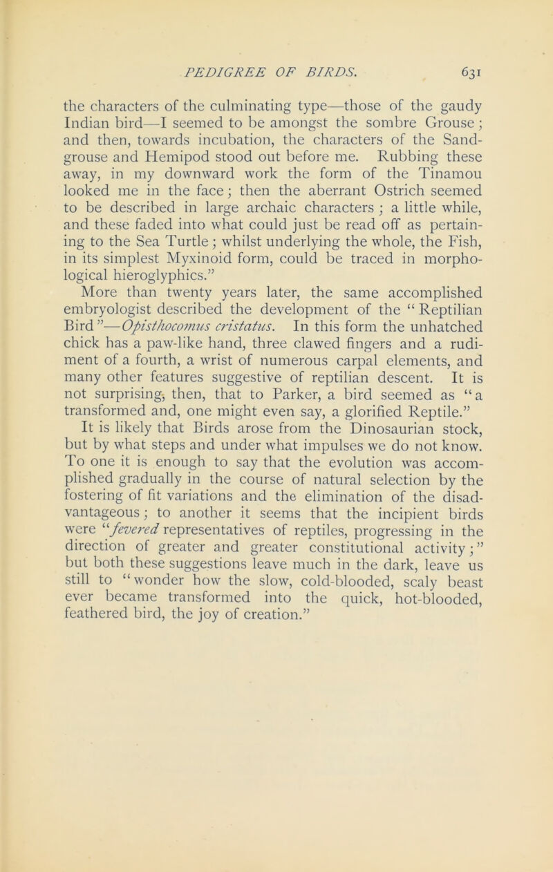 the characters of the culminating type—those of the gaudy Indian bird—I seemed to be amongst the sombre Grouse; and then, towards incubation, the characters of the Sand- grouse and Hemipod stood out before me. Rubbing these away, in my downward work the form of the Tinamou looked me in the face; then the aberrant Ostrich seemed to be described in large archaic characters ; a little while, and these faded into what could just be read off as pertain- ing to the Sea Turtle; whilst underlying the whole, the Fish, in its simplest Myxinoid form, could be traced in morpho- logical hieroglyphics.” More than twenty years later, the same accomplished embryologist described the development of the “ Reptilian Bird”—Opisthocomns cristatus. In this form the unhatched chick has a paw-like hand, three clawed fingers and a rudi- ment of a fourth, a wrist of numerous carpal elements, and many other features suggestive of reptilian descent. It is not surprising-, then, that to Parker, a bird seemed as “a transformed and, one might even say, a glorified Reptile.” It is likely that Birds arose from the Dinosaurian stock, but by what steps and under what impulses we do not know. To one it is enough to say that the evolution was accom- plished gradually in the course of natural selection by the fostering of fit variations and the elimination of the disad- vantageous; to another it seems that the incipient birds were “fevered representatives of reptiles, progressing in the direction of greater and greater constitutional activity; ” but both these suggestions leave much in the dark, leave us still to “ wonder how the slow, cold-blooded, scaly beast ever became transformed into the quick, hot-blooded, feathered bird, the joy of creation.”