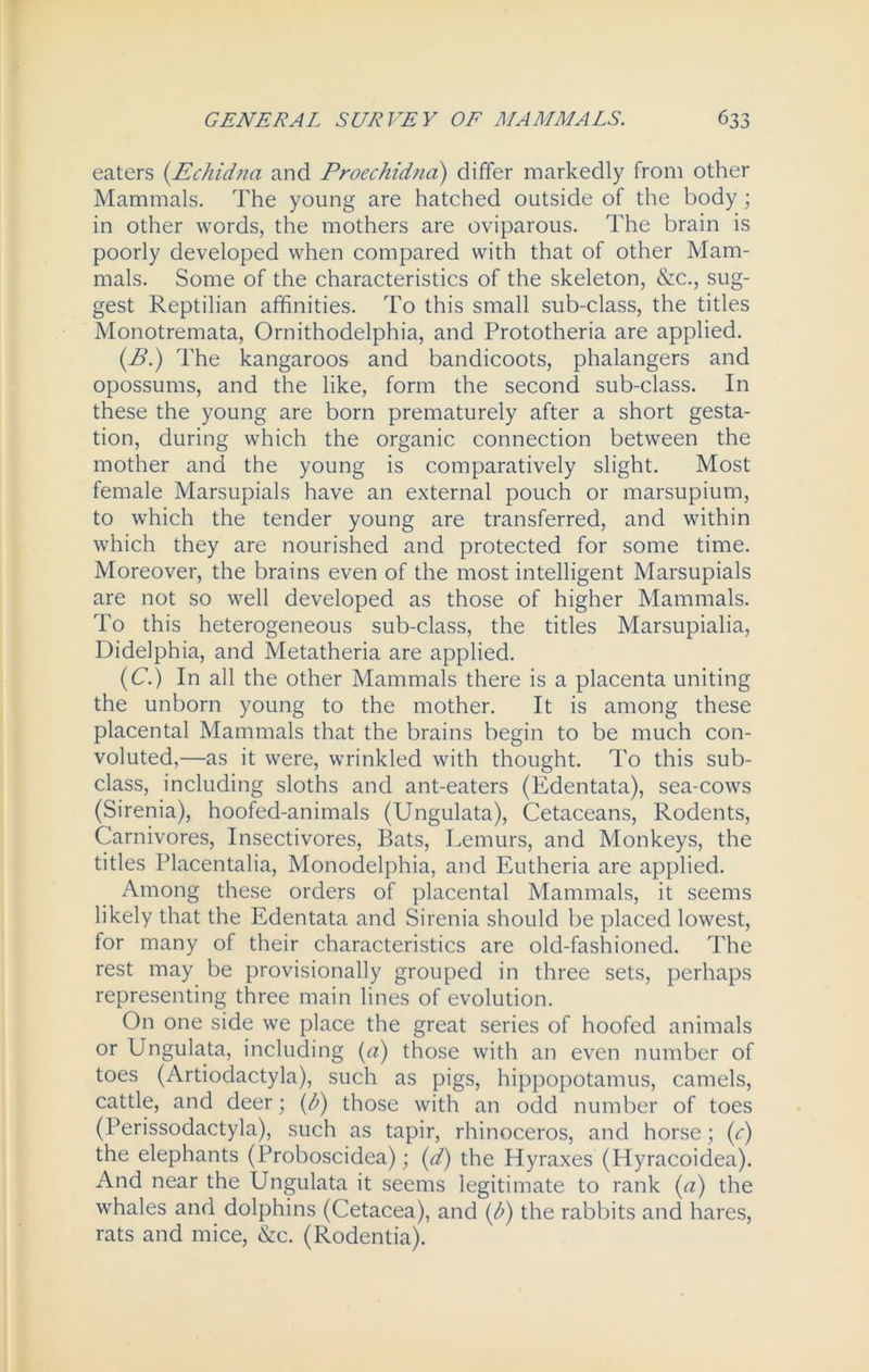 eaters (Echidna and Proechid?ia) differ markedly from other Mammals. The young are hatched outside of the body; in other words, the mothers are oviparous. The brain is poorly developed when compared with that of other Mam- mals. Some of the characteristics of the skeleton, &c., sug- gest Reptilian affinities. To this small sub-class, the titles Monotremata, Ornithodelphia, and Prototheria are applied. (.B.) The kangaroos and bandicoots, phalangers and opossums, and the like, form the second sub-class. In these the young are born prematurely after a short gesta- tion, during which the organic connection between the mother and the young is comparatively slight. Most female Marsupials have an external pouch or marsupium, to which the tender young are transferred, and within which they are nourished and protected for some time. Moreover, the brains even of the most intelligent Marsupials are not so well developed as those of higher Mammals. To this heterogeneous sub-class, the titles Marsupialia, Didelphia, and Metatheria are applied. (C.) In all the other Mammals there is a placenta uniting the unborn young to the mother. It is among these placental Mammals that the brains begin to be much con- voluted,—as it were, wrinkled with thought. To this sub- class, including sloths and ant-eaters (Edentata), sea-cows (Sirenia), hoofed-animals (Ungulata), Cetaceans, Rodents, Carnivores, Insectivores, Bats, Lemurs, and Monkeys, the titles Placentalia, Monodelphia, and Eutheria are applied. Among these orders of placental Mammals, it seems likely that the Edentata and Sirenia should be placed lowest, for many of their characteristics are old-fashioned. The rest may be provisionally grouped in three sets, perhaps representing three main lines of evolution. On one side we place the great series of hoofed animals or Ungulata, including (a) those with an even number of toes (Artiodactyla), such as pigs, hippopotamus, camels, cattle, and deer; (h) those with an odd number of toes (Perissodactyla), such as tapir, rhinoceros, and horse; (c) the elephants (Proboscidea); (d) the Hyraxes (Hyracoidea). And near the Ungulata it seems legitimate to rank (a) the whales and dolphins (Cetacea), and (h) the rabbits and hares, rats and mice, &c. (Rodentia).