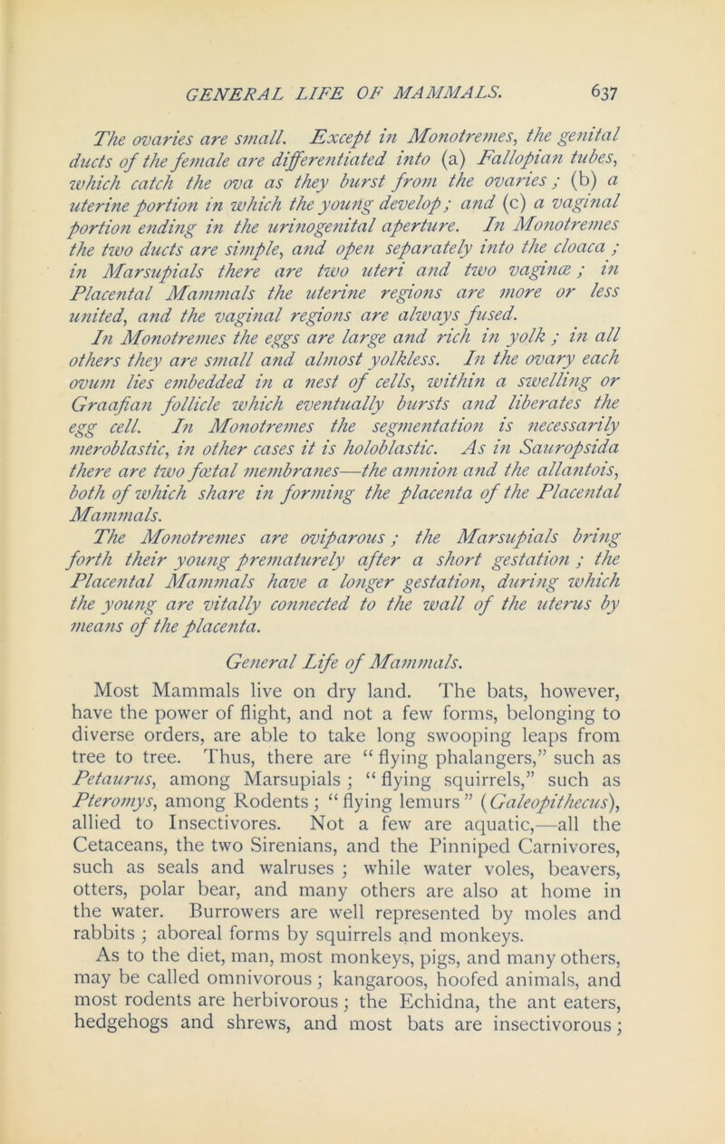 The ovaries are small. Kxcept in Monotremes, the genital ducts of the female are differentiated into (a) Fallopian tubes, which catch the ova as they burst from the ovaries; (b) a uterine portion in which the young develop; and (c) a vaginal portion ending in the urinogenital aperture. In Monotremes the two ducts are simple, and open separately into the cloaca ; in Marsupials there are two uteri and two vagina; in Placental Mammals the uterine regions are more or less united, and the vaginal regions are always fused. In Monotremes the eggs are large and rich in yolk ; in all others they are small and almost yolkless. In the ovary each ovum lies embedded in a nest of cells, within a swelling or Graafian follicle which eventually bursts and liberates the egg cell. In Monotremes the segmentation is necessarily meroblastic, in other cases it is holoblastic. As in Sauropsida there are two foetal membranes—the amnion and the allantois, both of which share in forming the placenta of the Placental Mammals. The Monotremes are oviparous; the Marsupials bring forth their young prematurely after a short gestation ; the Placental Mammals have a longer gestation, during which the young are vitally connected to the wall of the uterus by means of the placenta. General life of Mammals. Most Mammals live on dry land. The bats, however, have the power of flight, and not a few forms, belonging to diverse orders, are able to take long swooping leaps from tree to tree. Thus, there are “ flying phalangers,” such as Petaurus, among Marsupials ; “ flying squirrels,” such as Pteromys, among Rodents; “flying lemurs” (Galeopithecus), allied to Insectivores. Not a few are aquatic,—all the Cetaceans, the two Sirenians, and the Pinniped Carnivores, such as seals and walruses ; while water voles, beavers, otters, polar bear, and many others are also at home in the water. Burrowers are well represented by moles and rabbits ; aboreal forms by squirrels and monkeys. As to the diet, man, most monkeys, pigs, and many others, may be called omnivorous; kangaroos, hoofed animals, and most rodents are herbivorous; the Echidna, the ant eaters, hedgehogs and shrews, and most bats are insectivorous;