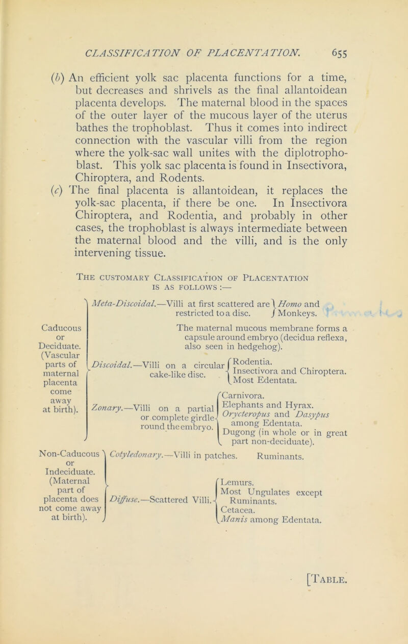 (b) An efficient yolk sac placenta functions for a time, but decreases and shrivels as the final allantoidean placenta develops. The maternal blood in the spaces of the outer layer of the mucous layer of the uterus bathes the trophoblast. Thus it comes into indirect connection with the vascular villi from the region where the yolk-sac wall unites with the diplotropho- blast. This yolk sac placenta is found in Insectivora, Chiroptera, and Rodents. (c) The final placenta is allantoidean, it replaces the yolk-sac placenta, if there be one. In Insectivora Chiroptera, and Rodentia, and probably in other cases, the trophoblast is always intermediate between the maternal blood and the villi, and is the only intervening tissue. The customary Classification of Placentation IS AS FOLLOWS *.— Meta-Discoidal.—Villi at first scattered are) Homo and restricted to a disc. J Monkeys. Caducous or Deciduate. (Vascular parts of maternal placenta come away at birth). The maternal mucous membrane forms a capsule around embryo (decidua reflexa, also seen in hedgehog). Discoidal.—Villi on a circular | cake-like disc. 1 Rodentia. Insectivora and Chiroptera. Most Edentata. Zonary.—Villi on a partial or complete girdle round the embryo. f Carnivora. I Elephants and Hyrax. I Orycterojrus and Dasypus \ among Edentata. Dugong (in whole or in great V part non-deciduate). Non-Caducous' or Indeciduate. (Maternal part of placenta does not come away at birth). , Cotyledonary.—Villi in patches. Ruminants. {Lemurs. Most Ungulates except Ruminants. Cetacea. Manis among Edentata. [Table.