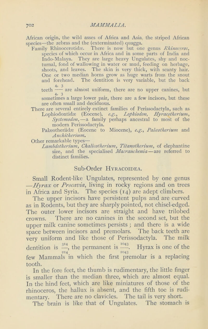 African origin, the wild asses of Africa and Asia; the striped African species—the zebras and the (exterminated) quagga. Family Rhinocerotidae. There is now but one genus Rhinoceros, species of which occur in Africa and in some parts of India and Indo-Malaya. They are large heavy Ungulates, shy and noc- turnal, fond of wallowing in water or mud, feeding on herbage, shoots, and leaves. The skin is very thick, with scanty hair. One or two median horns grow as huge warts from the snout and forehead. The dentition is very variable, but the back 4> 3 teeth are almost uniform, there are no upper canines, but 4. 3 sometimes a large lower pair, there are a few incisors, but these are often small and deciduous. There are several entirely extinct families of Perissodactyla, such as Lophiodontidae (Eocene), e.g., Lopliiodon, Hyracotherium, Syste?7iodon,—a family perhaps ancestral to most of the modern Perissodactyla. Pakeotheriidae (Eocene to Miocene), e.g., Palceotherium and Anchitherium. Other remarkable types— Lambdotherium, Chalicotherium, Titanotherium, of elephantine size, and the specialised Macrauchcnia — are referred to distinct families. Sub-Order Hyracoidea. Small Rodent-like Ungulates, represented by one genus —Hyrax or Procavia, living in rocky regions and on trees in Africa and Syria. The species (14) are adept climbers. The upper incisors have persistent pulps and are curved as in Rodents, but they are sharply pointed, not chisel-edged. The outer lower incisors are straight and have trilobed crowns. There are no canines in the second set, but the upper milk canine sometimes persists ; and there is a wide space between incisors and premolars. The back teeth are very uniform and like those of Perissodactyla. The milk dentition is —, the permanent is —. Hyrax is one ot the 2I4. 2°43 few Mammals in which the first premolar is a replacing tooth. In the fore feet, the thumb is rudimentary, the little finger is smaller than the median three, which are almost equal. In the hind feet, which are like miniatures of those of the rhinoceros, the hallux is absent, and the fifth toe is rudi- mentary. There are no clavicles. The tail is very short. The brain is like that of Ungulates. The stomach is