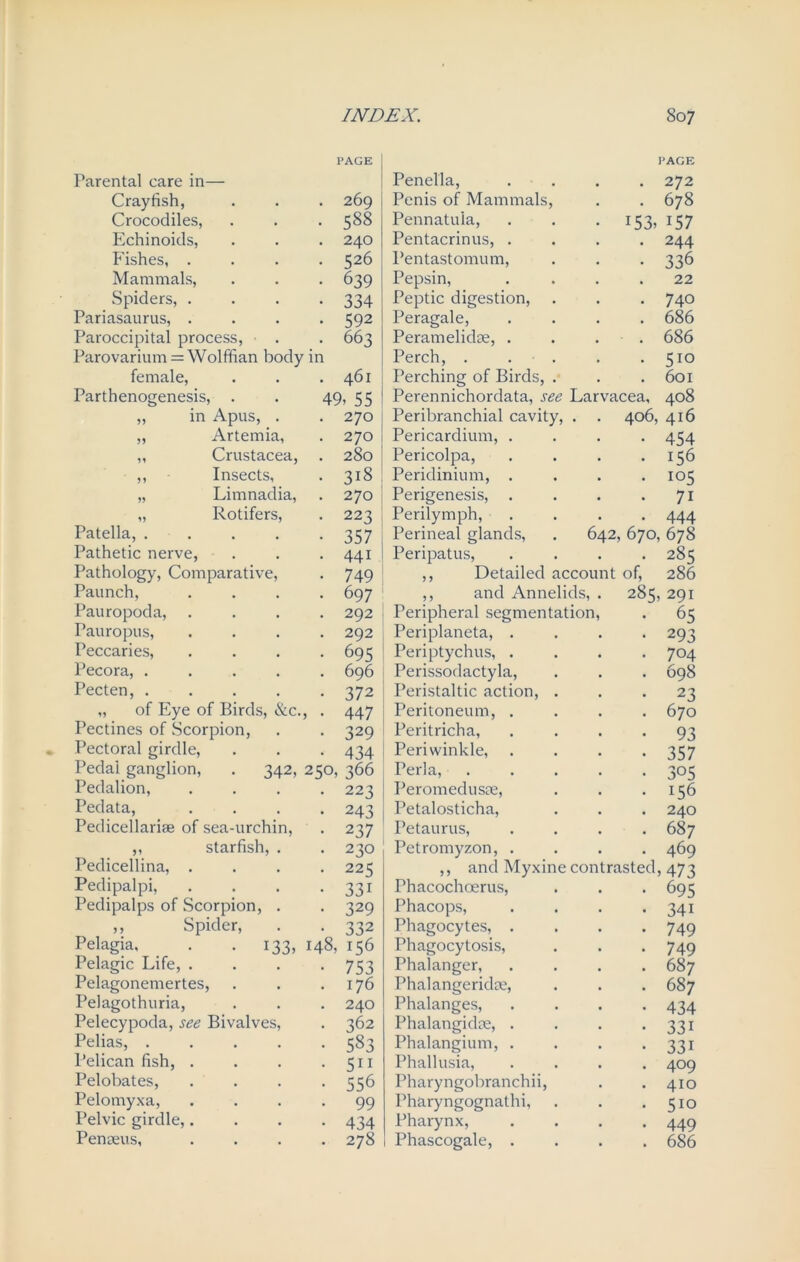 PAGE Parental care in— Crayfish, . . . 269 Crocodiles, . . . 588 Echinoids, . . . 240 Fishes, .... 526 Mammals, . . . 639 Spiders, . . . -334 Pariasaurus, .... 592 Paroccipital process, . . 663 Parovarium = Wolffian body in female, Parthenogenesis, . ,, in Apus, . ,, Artemia, ,, Crustacea, ,, Insects, „ Limnadia, „ Rotifers, Patella, .... Pathetic nerve, Pathology, Comparative, Paunch, Pauropoda, Pauropus, Peccaries, Pecora, . Pecten, . „ of Eye of Birds, &c., Pectines of Scorpion, Pectoral girdle, Pedai ganglion, . 342, 25 Pedalion, Pedata, Pedicellarife of sea-urchin, ,, starfish, . Pedicellina, . Pedipalpi, Pedipalps of Scorpion, . ,, Spider, Pelagia, . . 133, 148 Pelagic Life, . Pelagonemertes, Pelagothuria, Pelecypoda, see Bivalves, Pelias, . Pelican fish, Pelobates, Pelomyxa, Pelvic girdle, Peneeus, 461 49, 55 270 270 280 3i8 270 223 357 441 749 697 292 292 695 696 372 447 329 434 o, 366 223 243 237 230 223 331 329 332 156 753 176 240 362 583 5i 1 556 99 434 278 153, I'AGE 272 678 157 244 336 22 740 686 686 5io 601 408 406, 416 454 156 105 7i 444 642, 670, 678 . 285 Detailed account of, 286 ,, and Annelids, . 285, 291 Peripheral segmentation, . 65 Periplaneta, .... 293 Periptychus, .... 704 Perissodactyla, . . . 698 Peristaltic action, ... 23 Peritoneum, .... 670 Peritricha, .... 93 Periwinkle, .... 357 Perla, ..... 305 Peromedusoe, . . .156 Petalosticha, . . . 240 Petaurus, .... 687 Petromyzon, .... 469 and Myxine contrasted, 473 Penella, Penis of Mammals, Pennatuia, Pentacrinus, . Pentastonuim, Pepsin, Peptic digestion, Peragale, Peramelidae, . Perch, . Perching of Birds, Perennichordata, see Larvacea, Peribranchial cavity Pericardium, Pericolpa, Peridinium, Perigenesis, Perilymph, Perineal glands, Peripatus, Phacochoerus, Phacops, Phagocytes, . Phagocytosis, Phalanger, Phalangeridce, Phalanges, Phalangidse, . Phalangium, . Phallusia, Pharyngobranchii, Pharyngognathi, Pharynx, Phascogale, . 695 341 749 749 687 687 434 33i 33i 409 410 5io 449 686