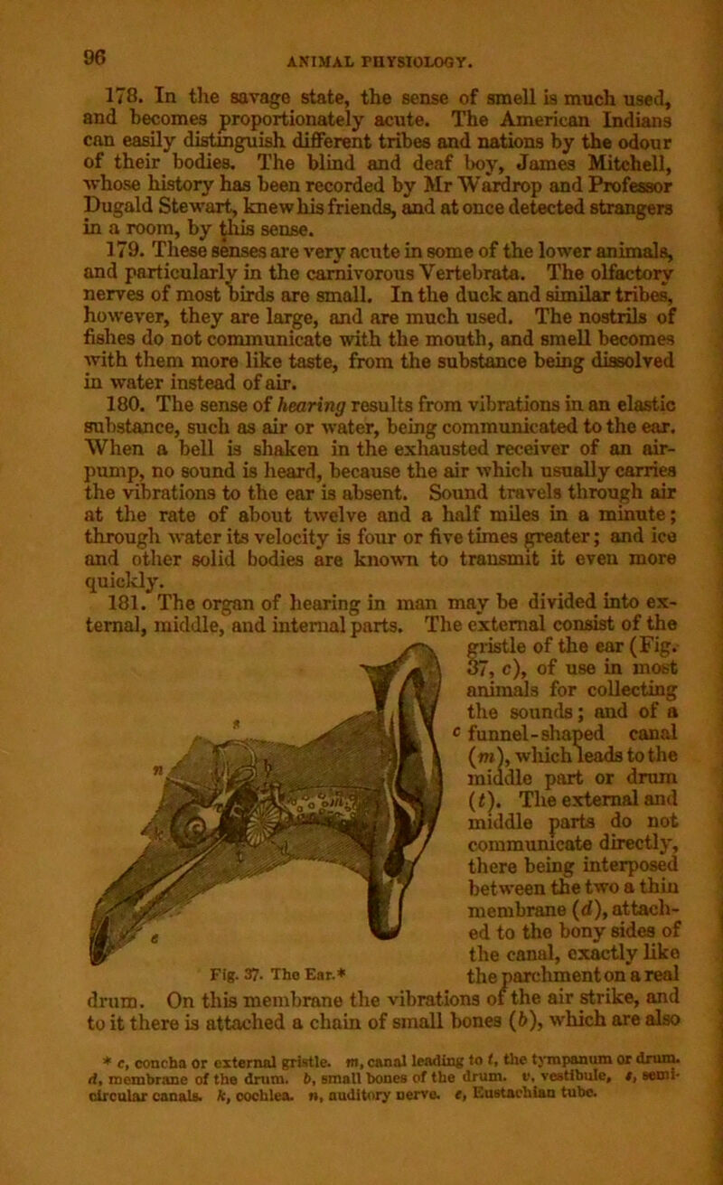 178. In the savage state, the sense of smell is much used, and becomes proportionately acute. The American Indians can easily distinguish different tribes and nations by the odour of their bodies. The blind and deaf boy, James Mitchell, whose history has been recorded by Mr Wardrop and Professor Dugald Stewart, knewliis friends, and at once detected strangers in a room, by this sense. 179. These senses are very acute in some of the lower animals, and particularly in the carnivorous Vertebrate. The olfactory nerves of most birds are small. In the duck and similar tribes, however, they are large, and are much used. The nostrils of fishes do not communicate with the mouth, and smell becomes with them more like taste, from the substance being dissolved in water instead of air. 180. The sense of hearing results from vibrations in an elastic substance, such as air or water, being communicated to the ear. When a bell is shaken in the exhausted receiver of an air- pump, no sound is heard, because the air which usually carries the vibrations to the ear is absent. Sound travels through air at the rate of about twelve and a half miles in a minute; through water its velocity is four or five times greater; and ice and other solid bodies are known to transmit it even more quickly. 181. The organ of hearing in man may be divided into ex- ternal, middle, and internal parts. The external consist of the gristle of the ear (Fig. 37, c), of use in most animals for collecting the sounds; and of a c funnel-shaped canal (m), which leads to the middle part or drum (t). The external and middle parts do not communicate directly, there being interposed between the two a thin membrane (d), attach- ed to the bony sides of the canal, exactly like the parchment on a real drum. On this membrane the vibrations of the air strike, and to it there is attached a chain of small bones (£>), which are also * 0, concha or external gristle, nt, canal leading to t, the tympanum or drum. d, membrane of the drum, b, small hones of the drum, v, vestibule, t, semi- circular canals, k, oochlea. n, auditory nerve, e, Eustachian tube. Fig. 37. The Ear.*