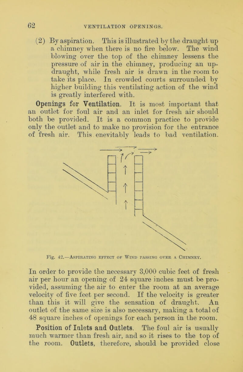 (2) By aspiration. This is illustrated by tlie draught up a chimney when there is no fire below. The wind blowing over the top of the chimney lessens the pressure of air in the chimney, producing an up- draught, while fresh air is drawn in the room to take its place. In crowded courts surrounded by higher building this ventilating action of the wind is greatly interfered with. Openings for Ventilation. It is most important that an outlet for foul air and an inlet for fresh air should both be provided. It is a common practice to provide only the outlet and to make no provision for the entrance of fresh air. This. enevitably leads to bad ventilation. Fig. 42.—Aspirating kffect of Wind pa.s.sino over a Chimney. Ill order to provide the necessary 3,000 cubic feet of fresh air per hour an opening of 24 square inches must be pro- vided, assuming the air to enter the room at an average velocity of five feet per second. If the v^elocity is greater than this it wdll give the sensation of draught. An outlet of the same size is also necessary, making a total of 48 square inches of openings for each person in the room. Position of Inlets and Outlets. The foul air is usually much warmer than fresh air, and so it rises to the top of the room. Outlets, therefore, should be provided close