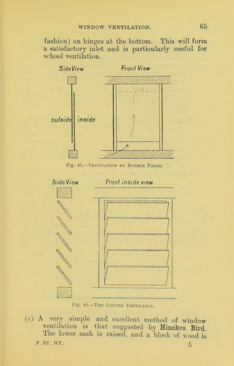 fashion) on hinges at the bottom. This will form a satisfactory inlet and is particularly useful for school ventilation. Side We w Front View l.J MMmMM //// V/// outside inside _ _ _ _ _ 2 Tt ^ - «« } t / Fig. 45.—Ventii.ation by Double Panes. SideVlew Front Inside view F’ig. 40.—The TjOUVuk V'kntilatok. (c) A very simple and excellent method of window ventilation is that suggested by Hinckes Bird. The lower sash is raised, and a block of wood is ¥. ST. ny. r O