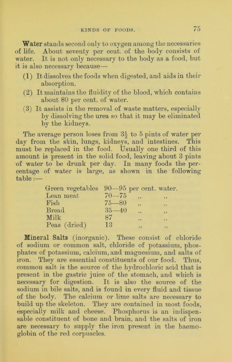 KINDS OK FOODS. /O Water stauds second only to oxygen among the necessaries of life. About seventy per cent, of the body consists of water. It is not only necessary to the body as a food, but it is also necessary because— (1) It dissolves the foods when digested, and aids in their absorption. (2) It maintains the fluidity of the blood, which contains about 80 per cent, of water. (3) It assists in the removal of waste matters, especially by dissolving the urea so that it may be eliminated by the kidneys. The average person loses from 3-|- to 5 pints of water per day from the skin, lungs, kidneys, and intestines. This must be replaced in the food. Usually one third of this amount is present in the solid food, leaving about 3 pints of water to be drunk per day. In many foods the per- centage of water is large, as shown in the following table :— (xreen vegetables 90—95 per cent, water, Lean meat 70—75 Fish 75—80 „ Bread 35—40 Milk 87 Peas (dried) 13 Mineral Salts (inorganic). These consist of chloride of sodium or common salt, chloride of potassium, phos- phates of potassium, calcium, and magnesium, and salts of iron. They are essential constituents of our food. Thus, common salt is the source of the hydrochloric acid that is present in the gastric juice of the stomach, and which is necessary for digestion. It is also the source of the sodium in bile salts, and is found in every fluid and tissue of the body. The calcium or lime salts are necessary to build up the skeleton. They are contained in most foods, especially milk and cheese. Phosphorus is an indispen- sable constituent of bone and brain, and the salts of iron are necessary to supply the iron present in the haemo- globin of the red corpuscles.