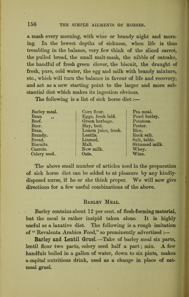 a mash every morning, with wine or brandy night and morn- ing. In the lowest depths of sickness, when life is thus trembling in the balance, very, few think of the sliced carrot, the pulled bread, the small malt-mash, the nibble of oatcake, the handful of fresh green clover, the biscuit, the draught of fresh, pure, cold water, the egg and milk with brandy mixture, etc., which will turn the balance in favour of life and recovery, and act as a new starting point to the larger and more sub- stantial diet which makes its ingestion obvious. The following is a list of sick horse diet:— Barley meal. Bean ,, Beef. Beer. Bran. Brandy. Bread. Biscuits. Carrots. Celery seed. Corn flour. Eggs, fresh laid. Green herbage. Hay, best. Lemon juice, fresh. Lentils. Linseed. Malt. New milk. Oats. Pea meal. Pearl barley. Potatoes. Porter. Bice. Rock salt. Salt, table. Skimmed milk. Whey. Wine. The above small number of articles used in the preparation of sick horse diet can be added to at pleasure by any kindly- disposed nurse, if he or she think proper. We will now give directions for a few useful combinations of the above. Barley Meal. Barley contains about 12 percent, of flesh-forming material, but the meal is rather insipid taken alone. It is highly useful as a laxative diet. The following is a rough imitation of “ Bevalenta Arabica Food,” so prominently advertised :— Barley and Lentil Gruel.—Take of barley meal six parts, lentil flour two parts, celery seed half a part; mix. A few handfuls boiled in a gallon of water, down to six pints, makes a capital nutritious drink, used as a change in place of oat- meal gruel.